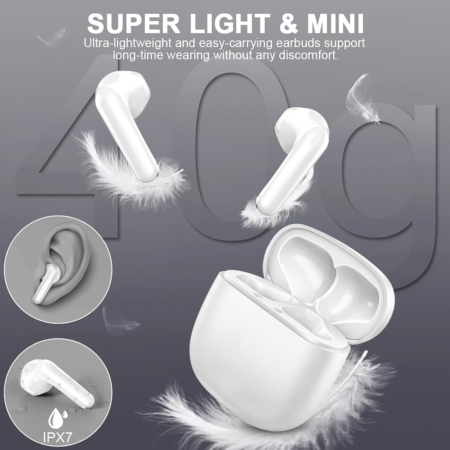 Bluetooth Headphones, Wireless Bluetooth 5.3 Earphones, 50 Hours Immersive HiFi Stereo, In Ear Headphones with HD Noise Canceling Mic, IP7 Touch Controls Wireless Headphones for iPhone Galaxy Android white-II9