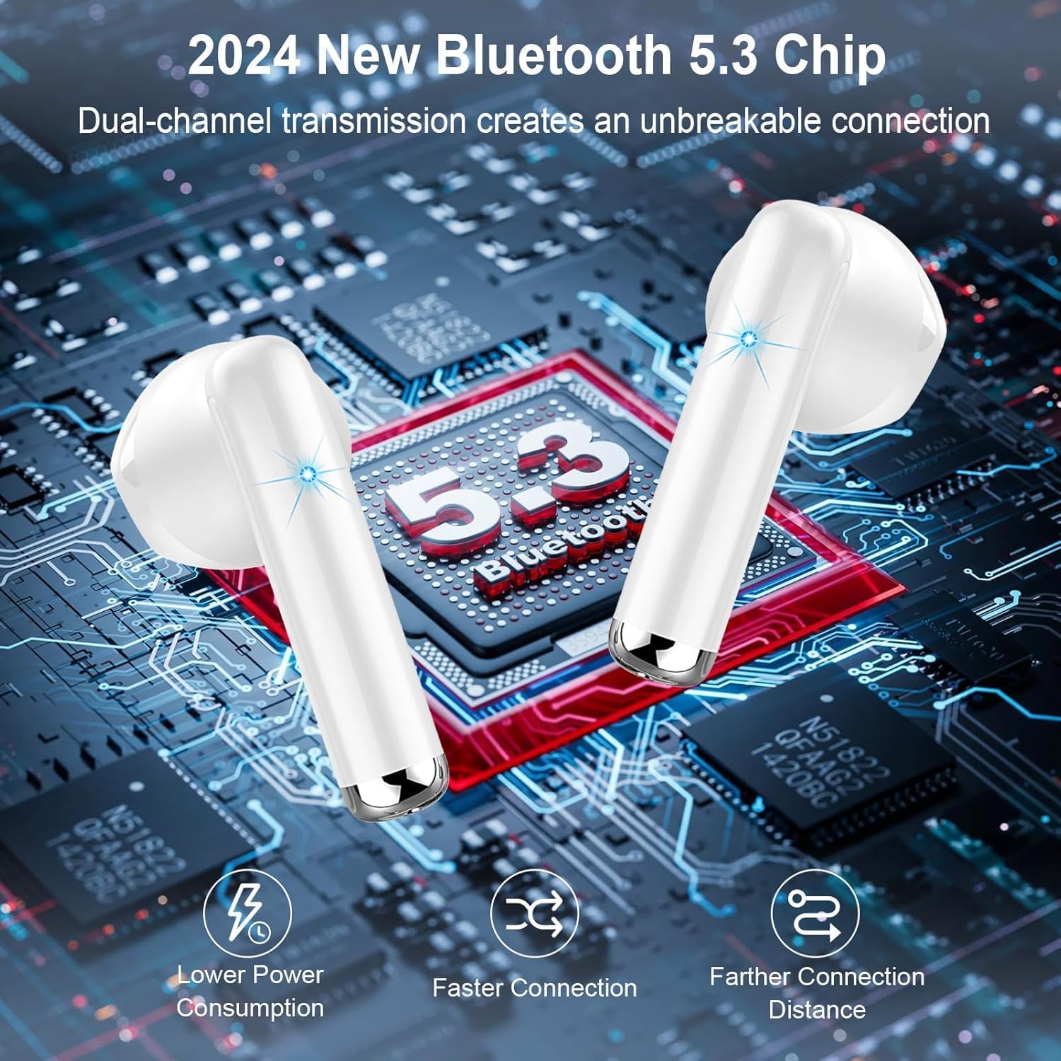 Bluetooth Headphones, Wireless Bluetooth 5.3 Earphones, 50 Hours Immersive HiFi Stereo, In Ear Headphones with HD Noise Canceling Mic, IP7 Touch Controls Wireless Headphones for iPhone Galaxy Android white-II9