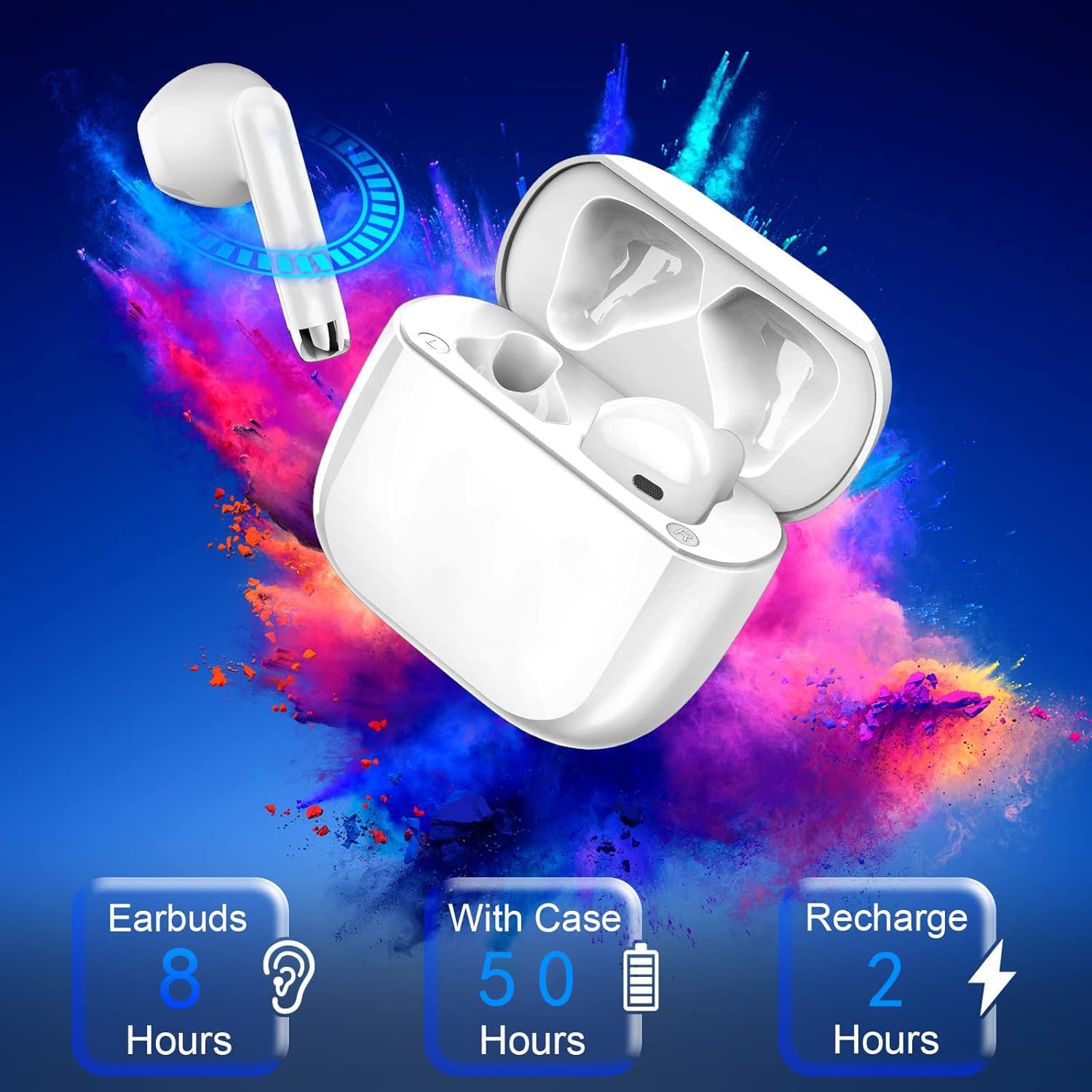 Bluetooth Headphones, Wireless Bluetooth 5.3 Earphones, 50 Hours Immersive HiFi Stereo, In Ear Headphones with HD Noise Canceling Mic, IP7 Touch Controls Wireless Headphones for iPhone Galaxy Android white-II9