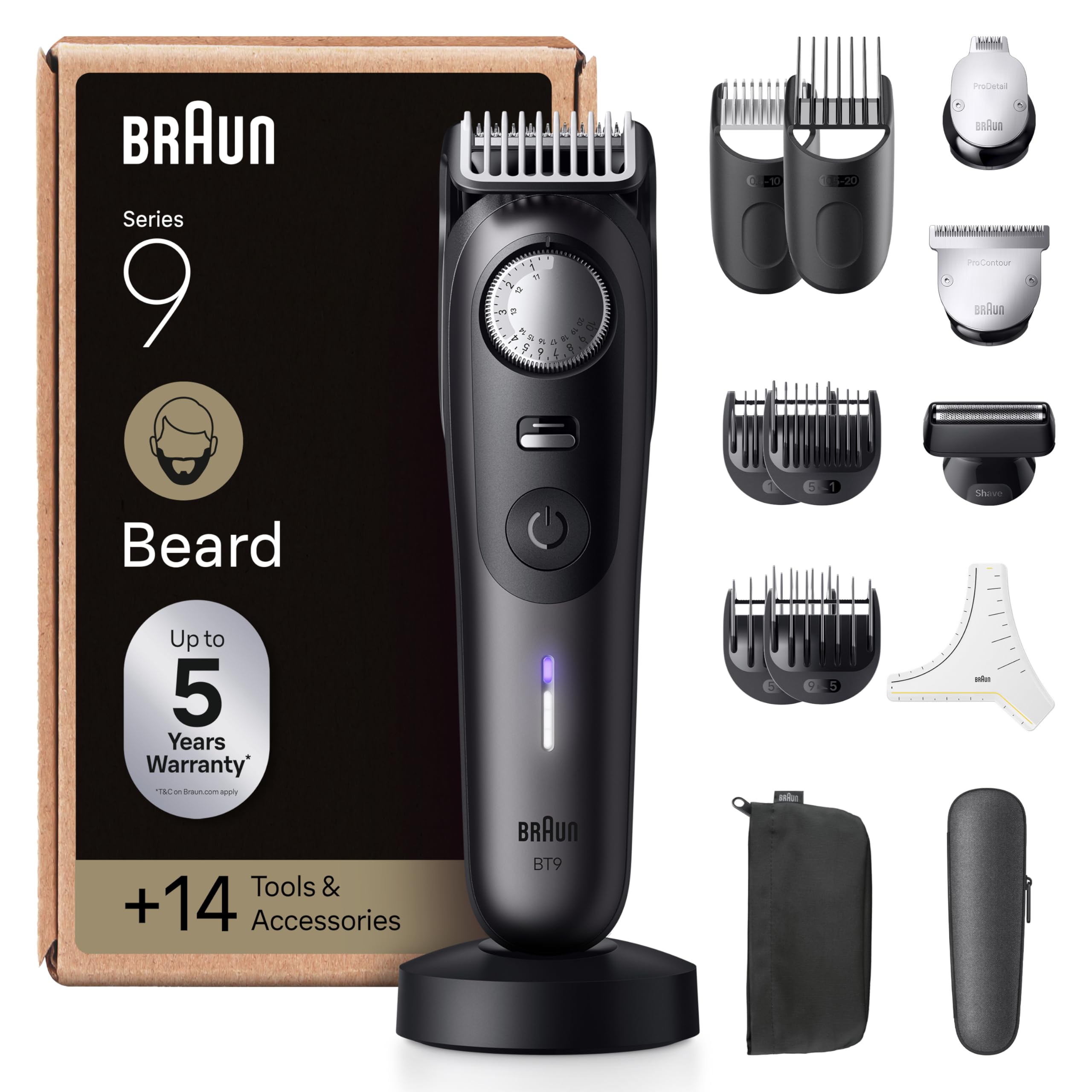 Braun Men's Beard Trimmer Series 9, +14 Barber Tools, Electric Beard Shaver, ProBlade Sharp Blade for Life, 180 Min, Precision Selector with 52 Lengths, Waterproof, BT9565, Titanium BT 9
