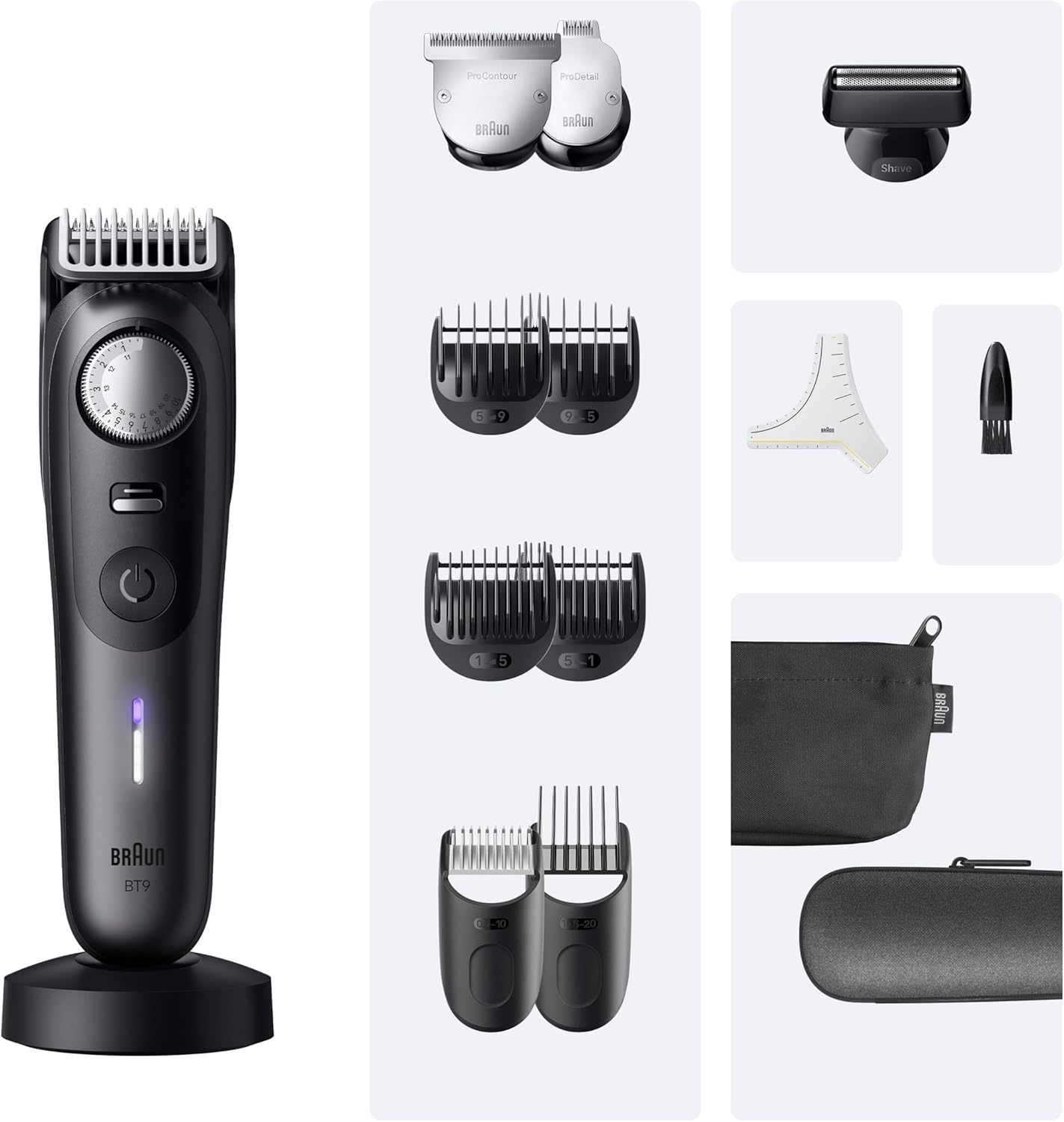 Braun Men's Beard Trimmer Series 9, +14 Barber Tools, Electric Beard Shaver, ProBlade Sharp Blade for Life, 180 Min, Precision Selector with 52 Lengths, Waterproof, BT9565, Titanium BT 9