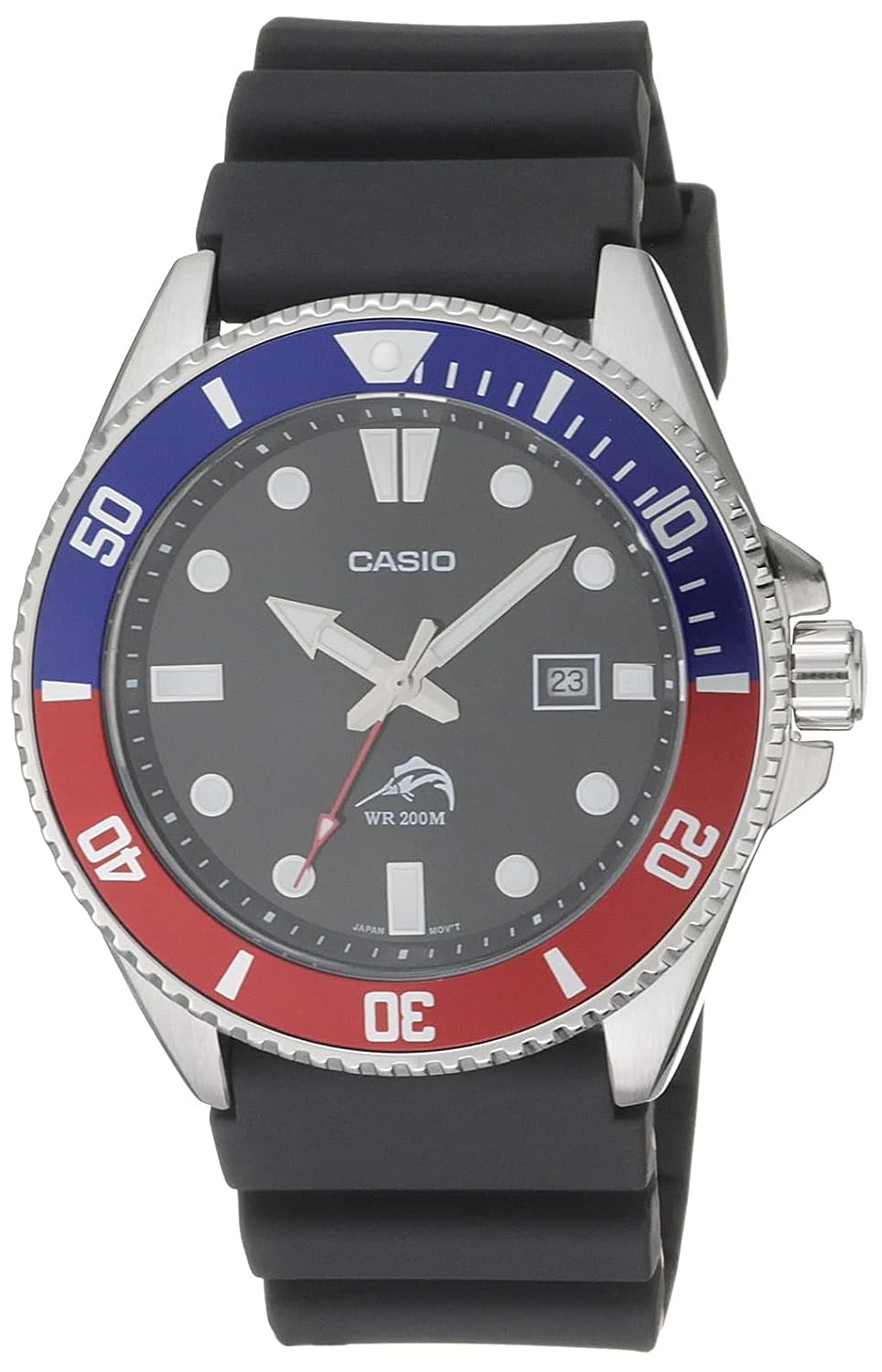 Casio MDV106 Series | Unisex Analog Watch | 200M WR | Stainless Steel Case | Resin Band | 2 Hand Analog (HR, Min, SEC) | Date Display | Screw Down Crown/Screw Down Caseback | 3 Year Battery Blue/Red Resin Strap