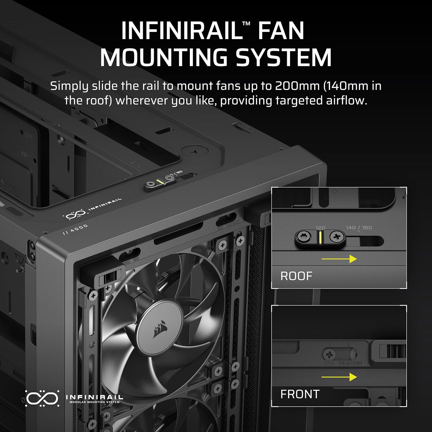 CORSAIR 4000D RS Frame Modular High Airflow Mid-Tower PC Case – 3X CORSAIR RS Fans – InfiniRail Fan Mounting System – Fits Multiple 360mm Radiators – Reverse Connector Motherboard Compatible – Black FRAME 4000D RS Black