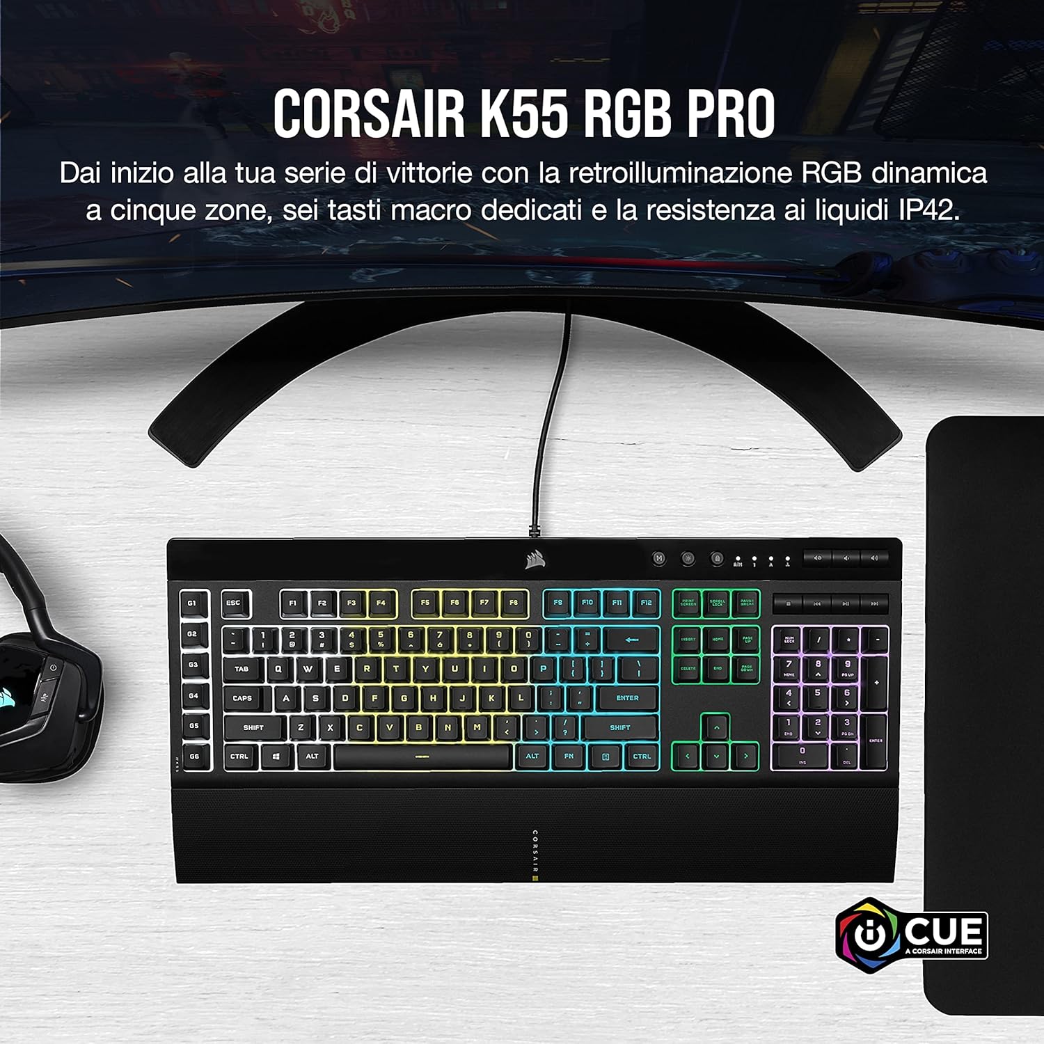Corsair K55 RGB PRO Wired Membrane Gaming Keyboard, RGB Backlighting, 6 Macro Keys with Elgato Software Integration, Resistant to Dust and Liquid Infiltration, QWERTY, Black