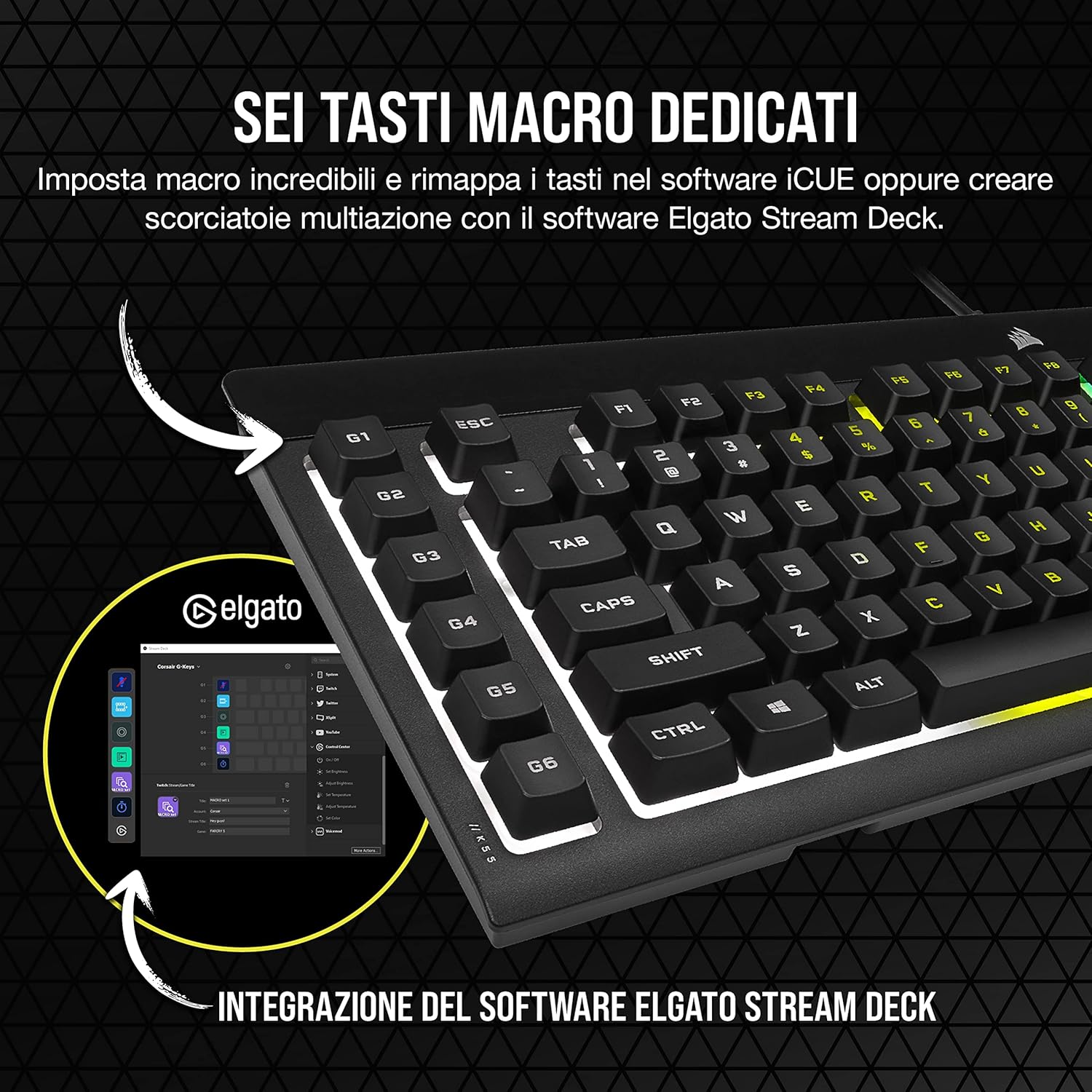 Corsair K55 RGB PRO Wired Membrane Gaming Keyboard, RGB Backlighting, 6 Macro Keys with Elgato Software Integration, Resistant to Dust and Liquid Infiltration, QWERTY, Black