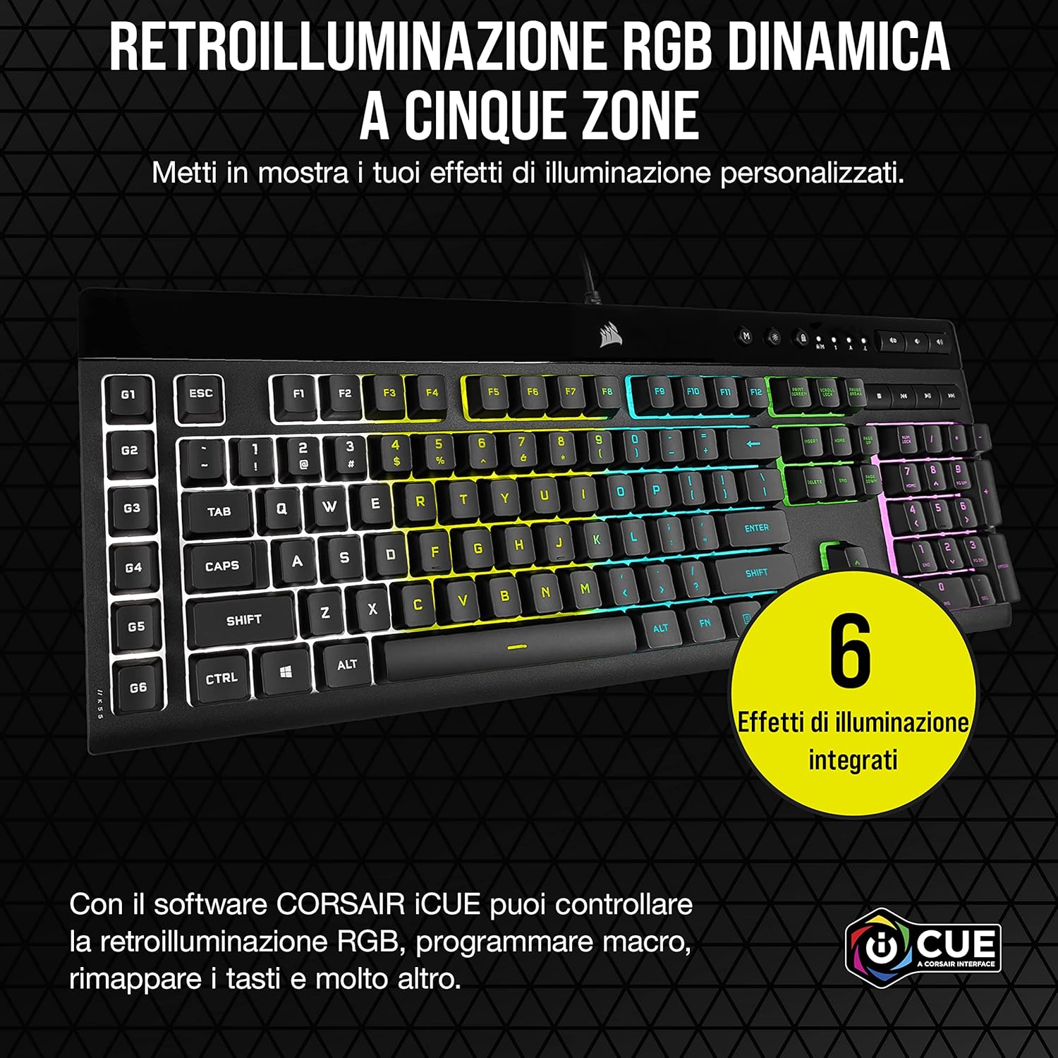 Corsair K55 RGB PRO Wired Membrane Gaming Keyboard, RGB Backlighting, 6 Macro Keys with Elgato Software Integration, Resistant to Dust and Liquid Infiltration, QWERTY, Black