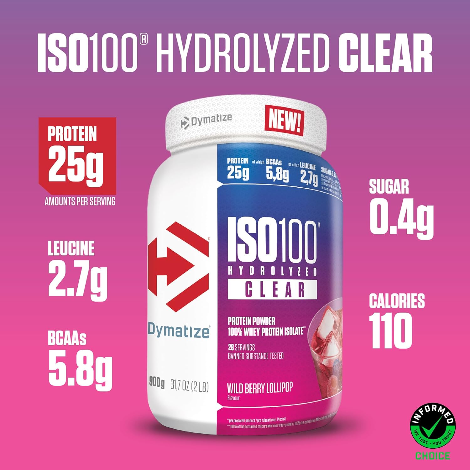 Dymatize ISO 100 Hydrolized Clear Wild Bery Lollipop 900g Hydrolyzed and Isolated Clear Whey Protein Powder Wild Berry Lollipop 28 servings
