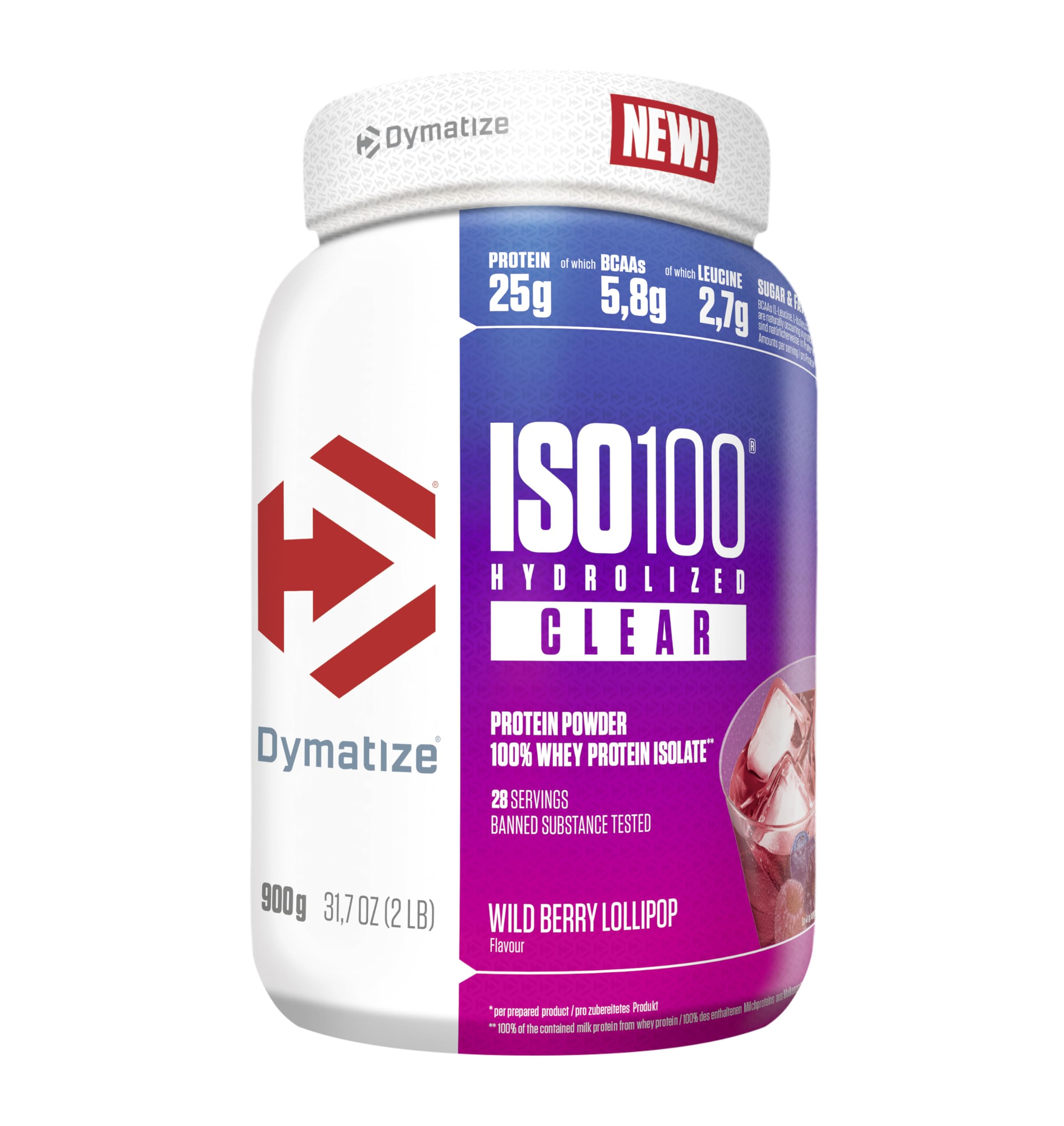Dymatize ISO 100 Hydrolized Clear Wild Bery Lollipop 900g Hydrolyzed and Isolated Clear Whey Protein Powder Wild Berry Lollipop 28 servings