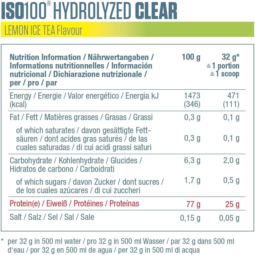Dymatize ISO 100 Hydrolyzed Clear Lemon Ice Tea 900g Hydrolyzed and isolated clear whey protein powder