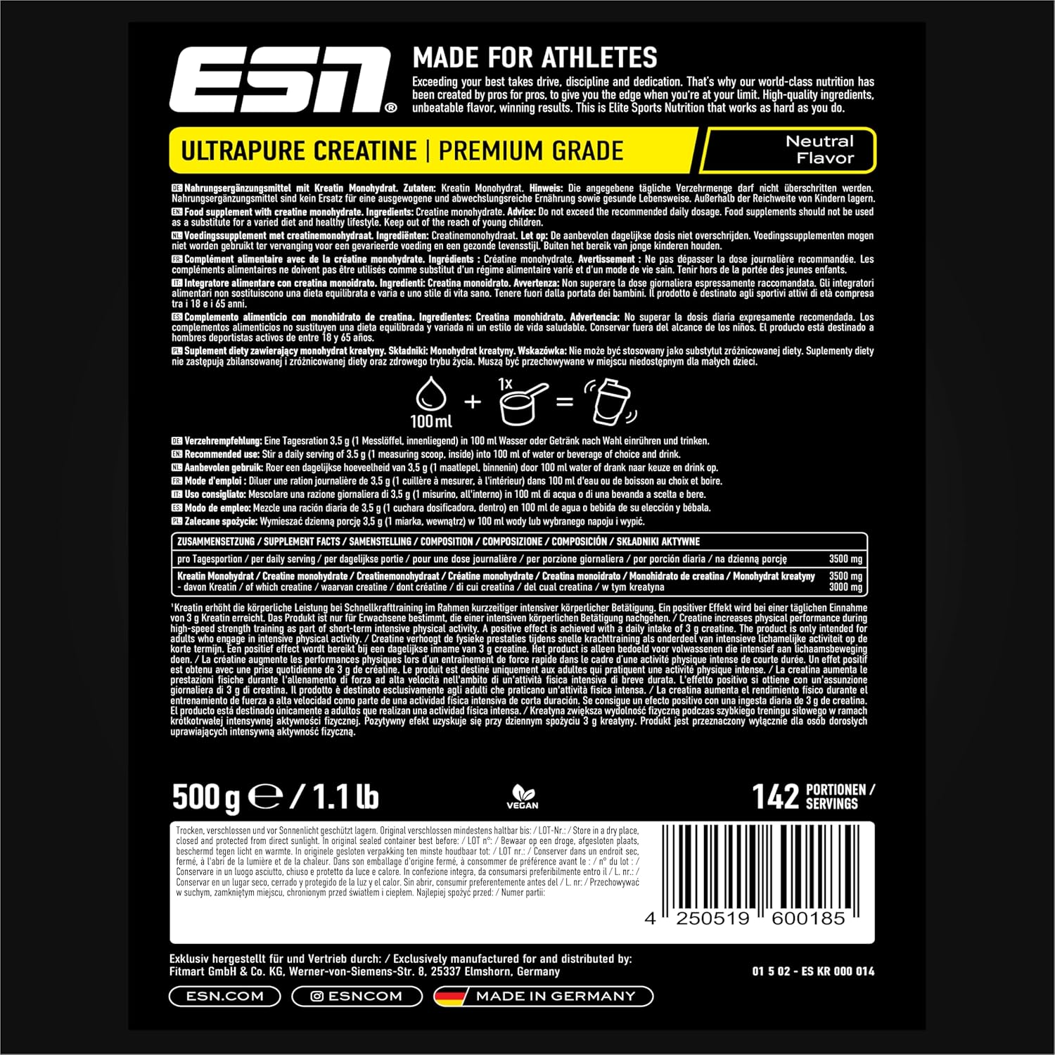 ESN Ultrapure Creatine Monohydrate in 100% Pure Powder, 500 g - 100% Vegan - Supplement for Training, Sports, Gym and Pre Workout