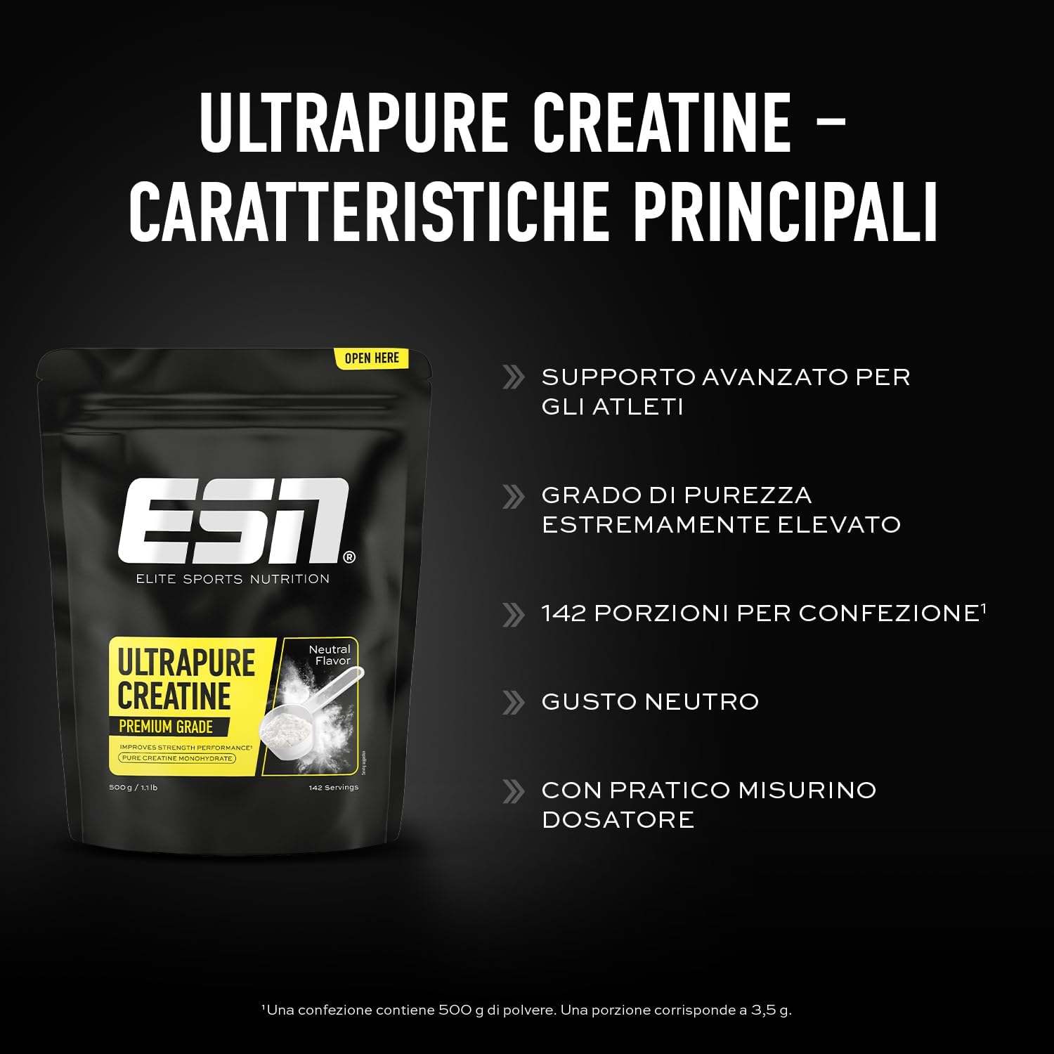 ESN Ultrapure Creatine Monohydrate in 100% Pure Powder, 500 g - 100% Vegan - Supplement for Training, Sports, Gym and Pre Workout