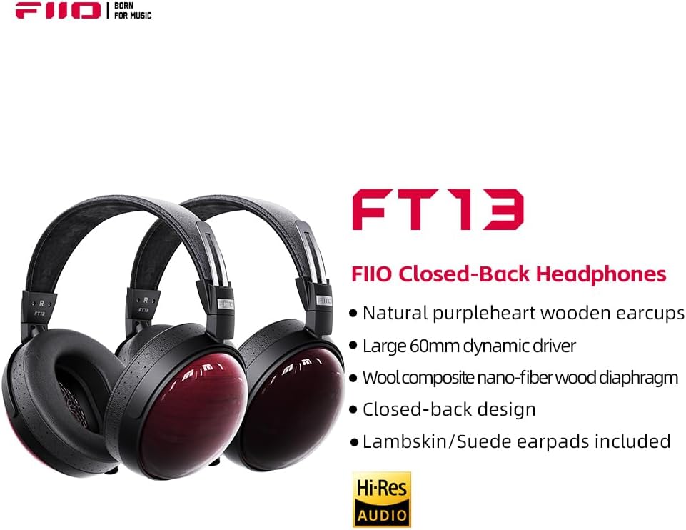 FiiO FT13 Audiophile Closed-Back Headphones, 60mm Large Dynamic Driver with W-Shaped Wool & Nano Wood Fiber Diaphragm, Premium Purpleheart Wood Design, Furukawa Copper Hybrid Cable(Purple) Purpleheart(Natural)