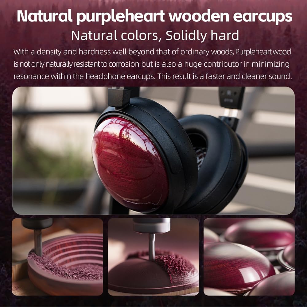 FiiO FT13 Audiophile Closed-Back Headphones, 60mm Large Dynamic Driver with W-Shaped Wool & Nano Wood Fiber Diaphragm, Premium Purpleheart Wood Design, Furukawa Copper Hybrid Cable(Purple) Purpleheart(Natural)