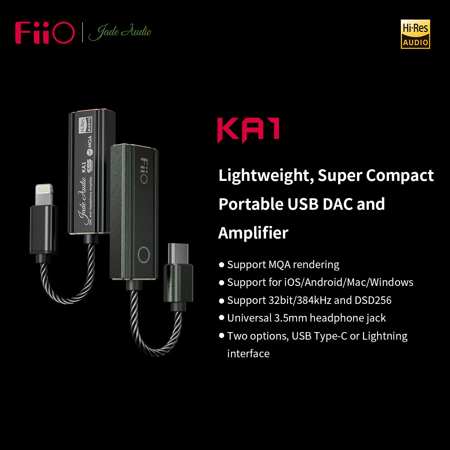 FIIO KA1 Portable DAC with Ultra-compact Headphone Amplifier 32bit/384kHz DSD256 MQA (Standard Version) Black