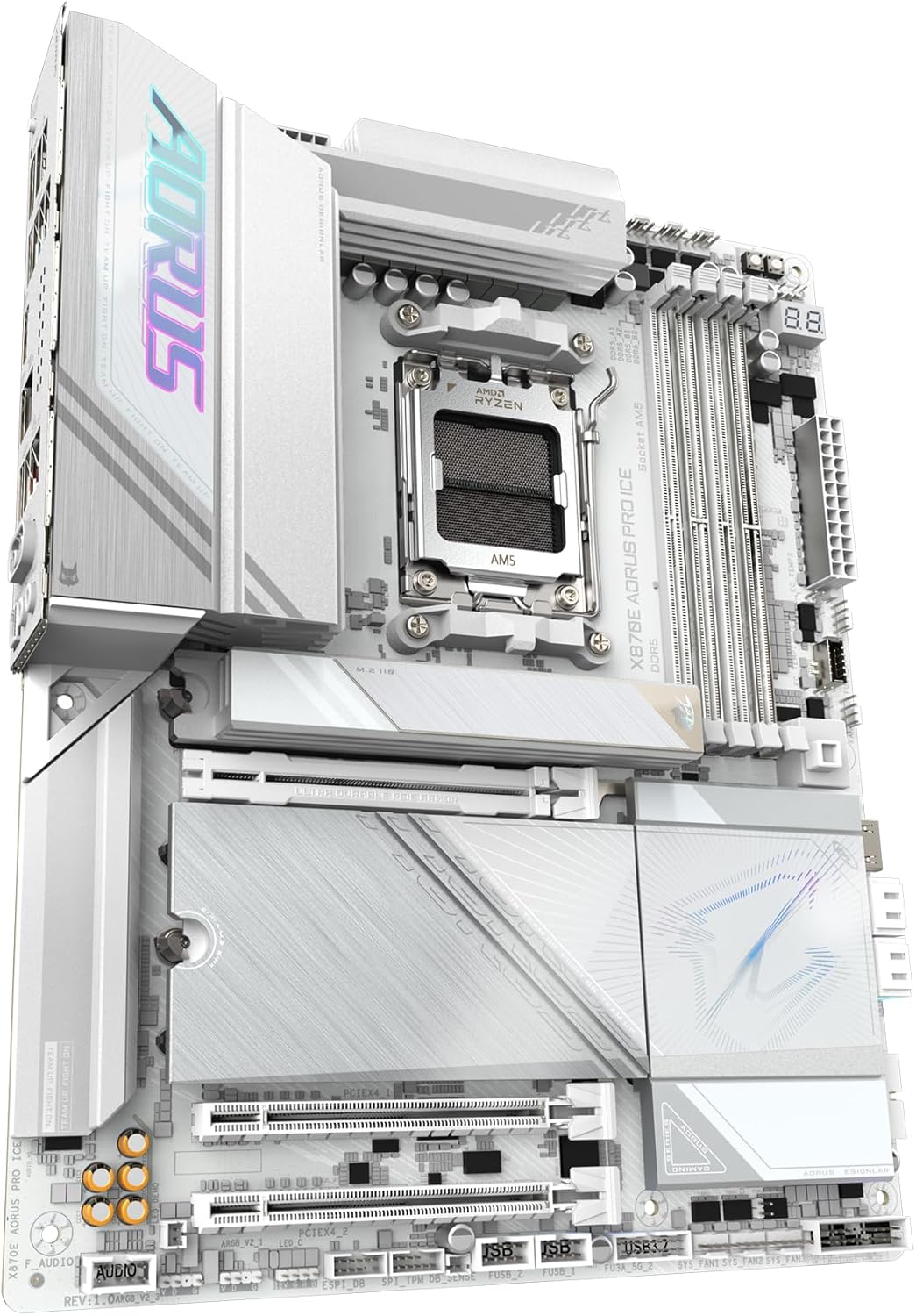 GIGABYTE X870E AORUS PRO ICE Motherboard - Supports AMD Ryzen 9000 CPU, 16+2+2 Phase Digital VRM, up to 8000MHz DDR5 (OC), 3xPCIe 5.0, Wi-Fi 7, 2.5GbE LAN, USB 4