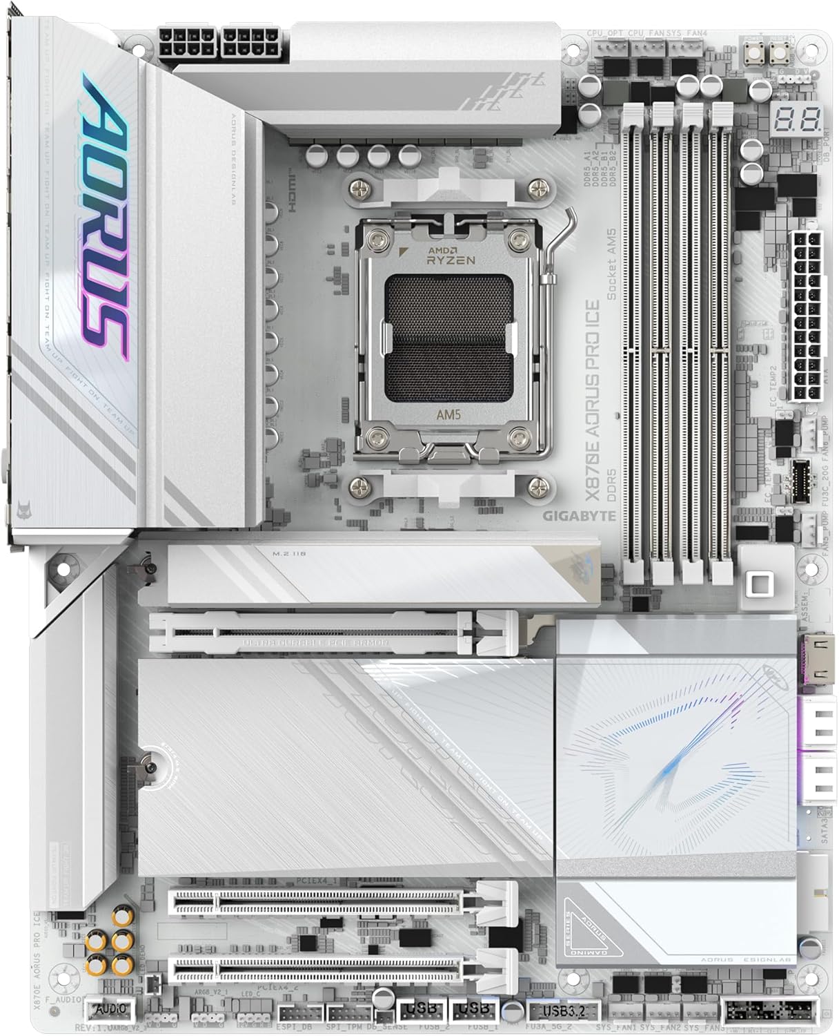 GIGABYTE X870E AORUS PRO ICE Motherboard - Supports AMD Ryzen 9000 CPU, 16+2+2 Phase Digital VRM, up to 8000MHz DDR5 (OC), 3xPCIe 5.0, Wi-Fi 7, 2.5GbE LAN, USB 4
