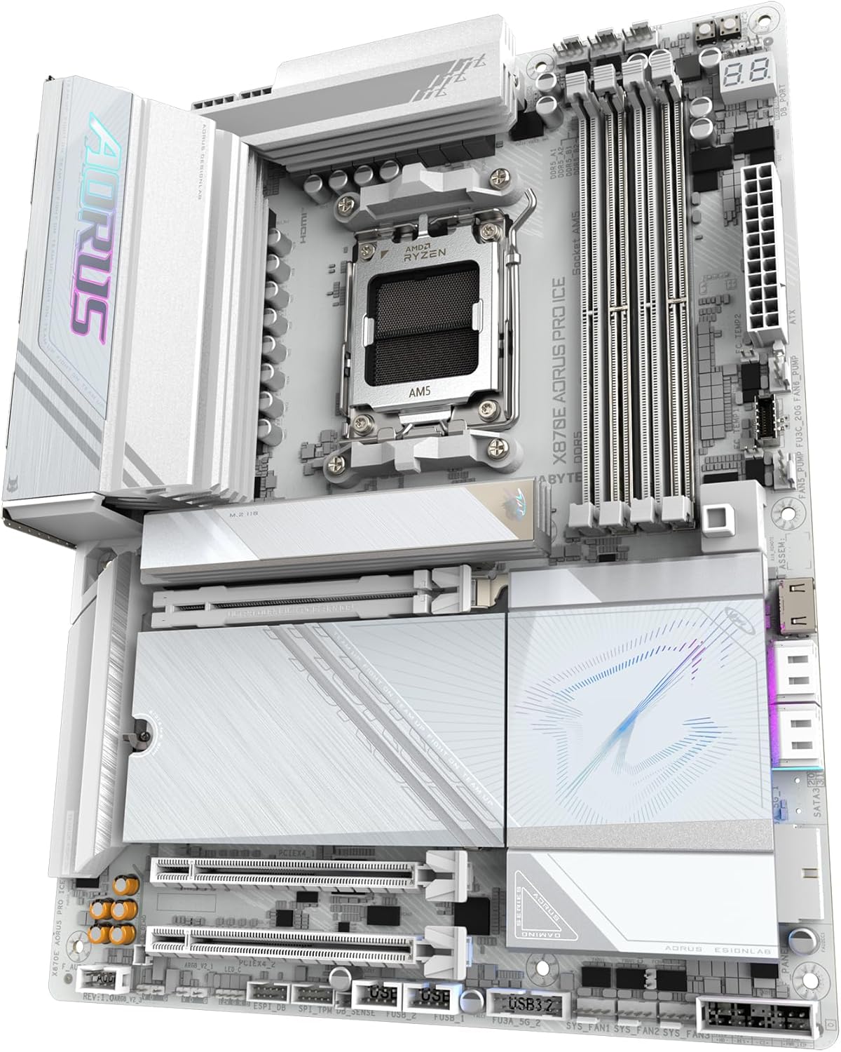 GIGABYTE X870E AORUS PRO ICE Motherboard - Supports AMD Ryzen 9000 CPU, 16+2+2 Phase Digital VRM, up to 8000MHz DDR5 (OC), 3xPCIe 5.0, Wi-Fi 7, 2.5GbE LAN, USB 4