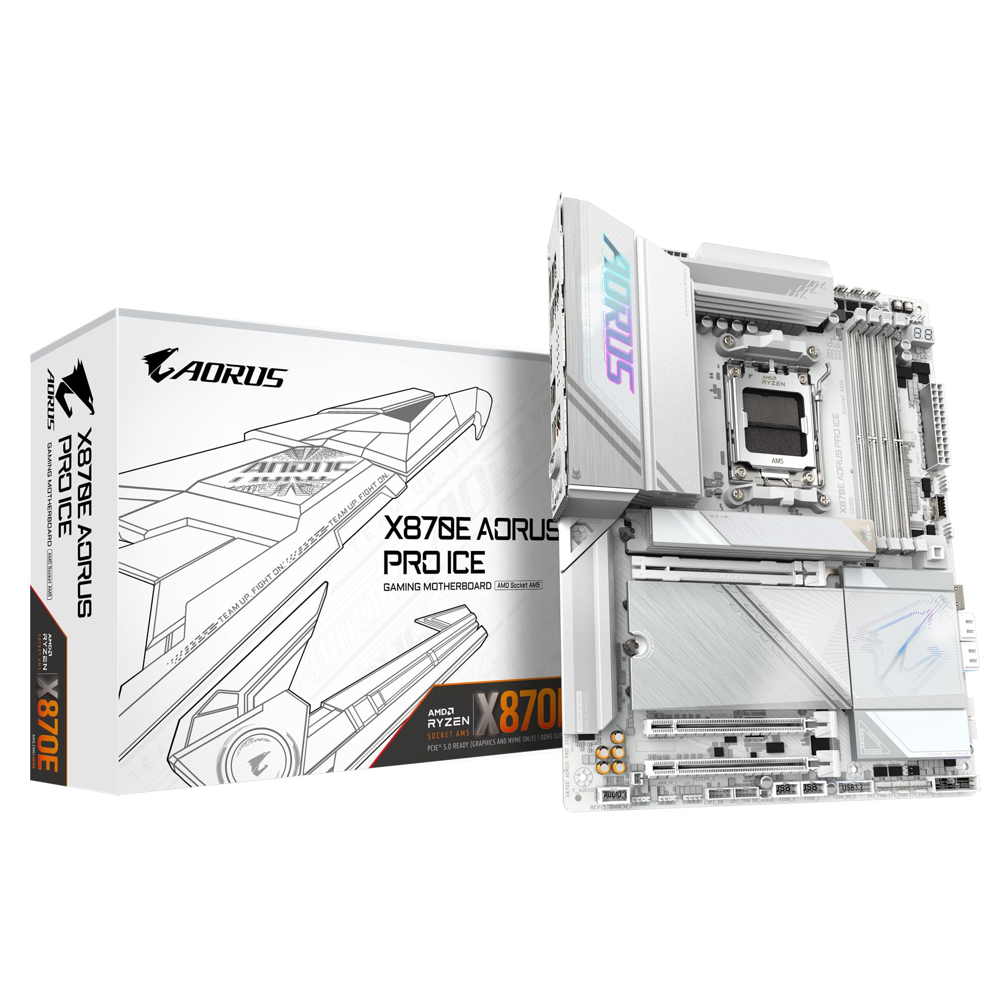 GIGABYTE X870E AORUS PRO ICE Motherboard - Supports AMD Ryzen 9000 CPU, 16+2+2 Phase Digital VRM, up to 8000MHz DDR5 (OC), 3xPCIe 5.0, Wi-Fi 7, 2.5GbE LAN, USB 4
