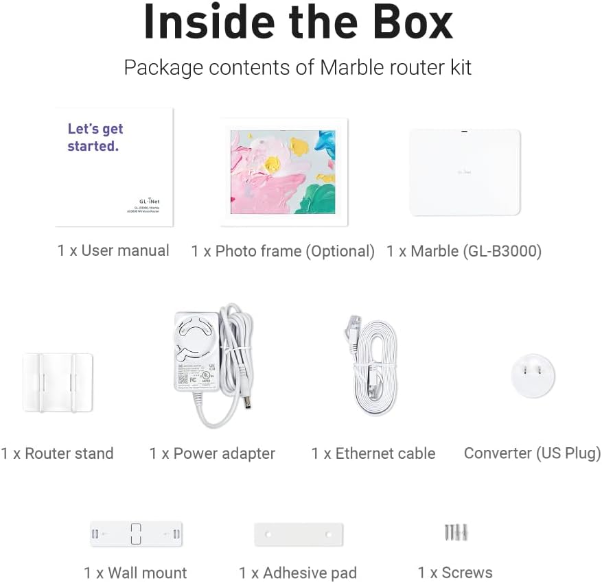 GL.iNet GL-B3000 (Marble) Wireless WiFi 6 Router with Wall-Mountable Photo Frame, Dual-Band AX3000, OpenVPN & WireGuard, Bark & AdGuard Home Parental Controls, OpenWrt, 3 Gigabit Ethernet Ports