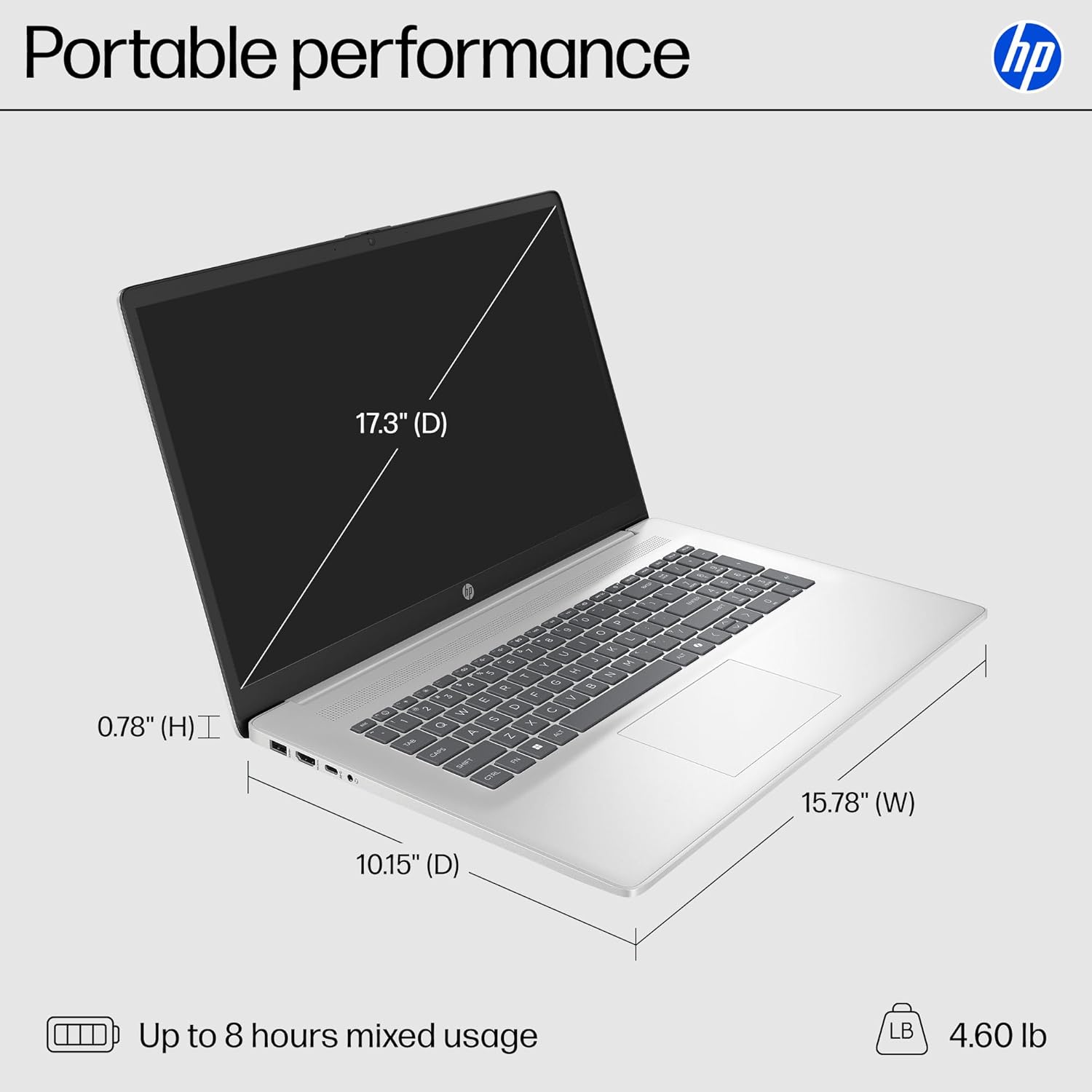 HP 17.3 inch Laptop, FHD Display, Intel Core i5-1334U, 16 GB RAM, 512 GB SSD, Intel Iris Xe Graphics, Windows 11 Home, Natural Silver, 17-cn3399nr Paint finish cover and base, sandblasted In-mould roll keyboard frame