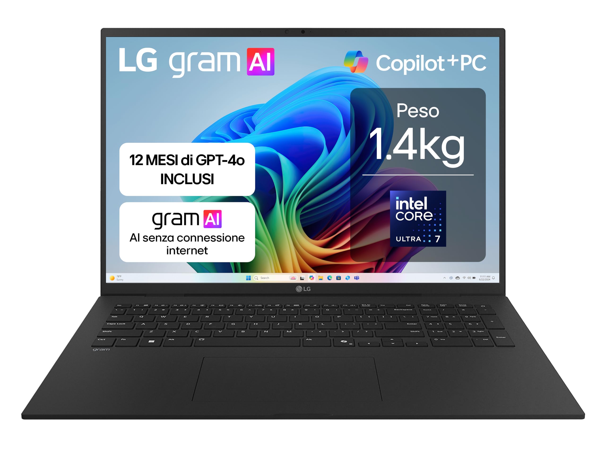 LG gram AI 17Z90TL Copilot+ PC, Notebook 17" 2.5K, Intel Core Ultra 7 (Series 2) 256V, 16GB RAM, 512GB SSD, AI PC, Ultralight only 1.4 kg, 77Wh Battery, Windows 11 Home, Italian keyboard, Black 17" Copilot+ PC Intel Core Ultra 7 (Series 2) 16GB, 512GB