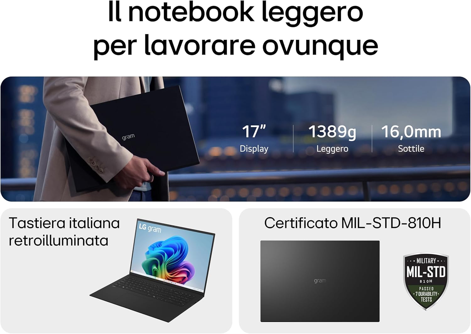 LG gram AI 17Z90TL Copilot+ PC, Notebook 17" 2.5K, Intel Core Ultra 7 (Series 2) 256V, 16GB RAM, 512GB SSD, AI PC, Ultralight only 1.4 kg, 77Wh Battery, Windows 11 Home, Italian keyboard, Black 17" Copilot+ PC Intel Core Ultra 7 (Series 2) 16GB, 512GB