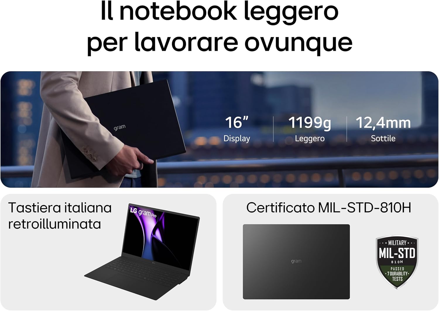 LG gram Pro 16Z90TP, Notebook 16" OLED 2880x1800, Intel Core Ultra 7 (Series 2) 255H, 16GB RAM, 1TB SSD, Ultralight only 1.2 kg, 77Wh battery, Windows 11 Home, Italian keyboard, Copilot key, Black Intel Core Ultra7 (Series 2) 255h 16GB DDR4, 1TB SSD gram Pro Black