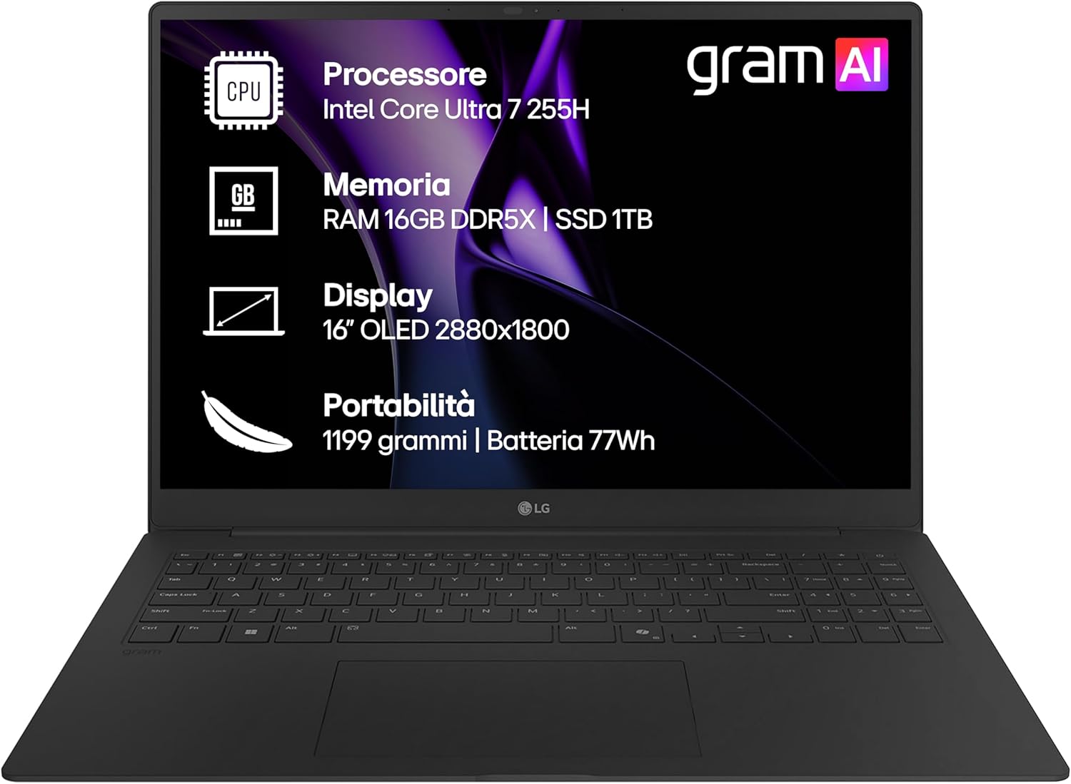 LG gram Pro 16Z90TP, Notebook 16" OLED 2880x1800, Intel Core Ultra 7 (Series 2) 255H, 16GB RAM, 1TB SSD, Ultralight only 1.2 kg, 77Wh battery, Windows 11 Home, Italian keyboard, Copilot key, Black Intel Core Ultra7 (Series 2) 255h 16GB DDR4, 1TB SSD gram Pro Black
