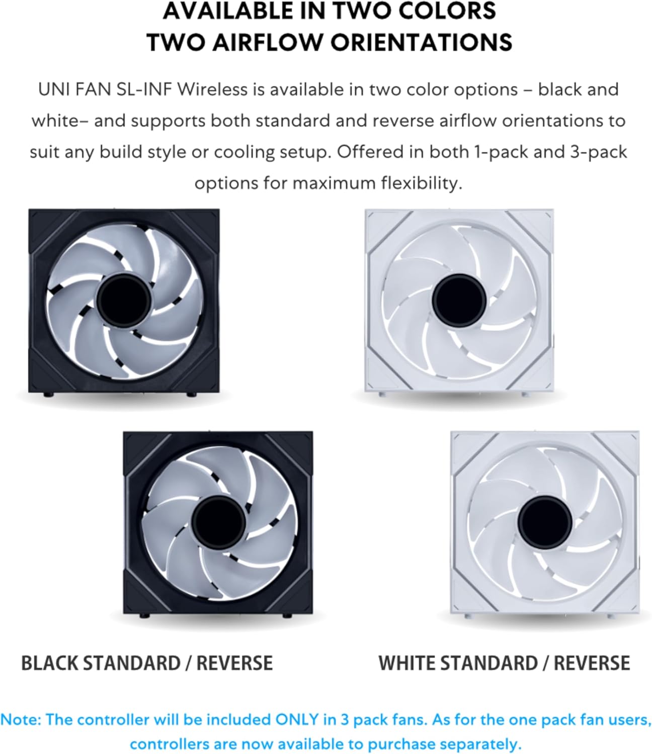 Lian Li UNI Fan SL-Infinity Wireless - 120 - Single Pack (Reverse Blade) - 2.4 GHz Wireless Signal ARGB Fan Control - Double Infinity Mirror - Controller NOT Included & Required - White (12RSLIN1W1W) 120 Reverse White