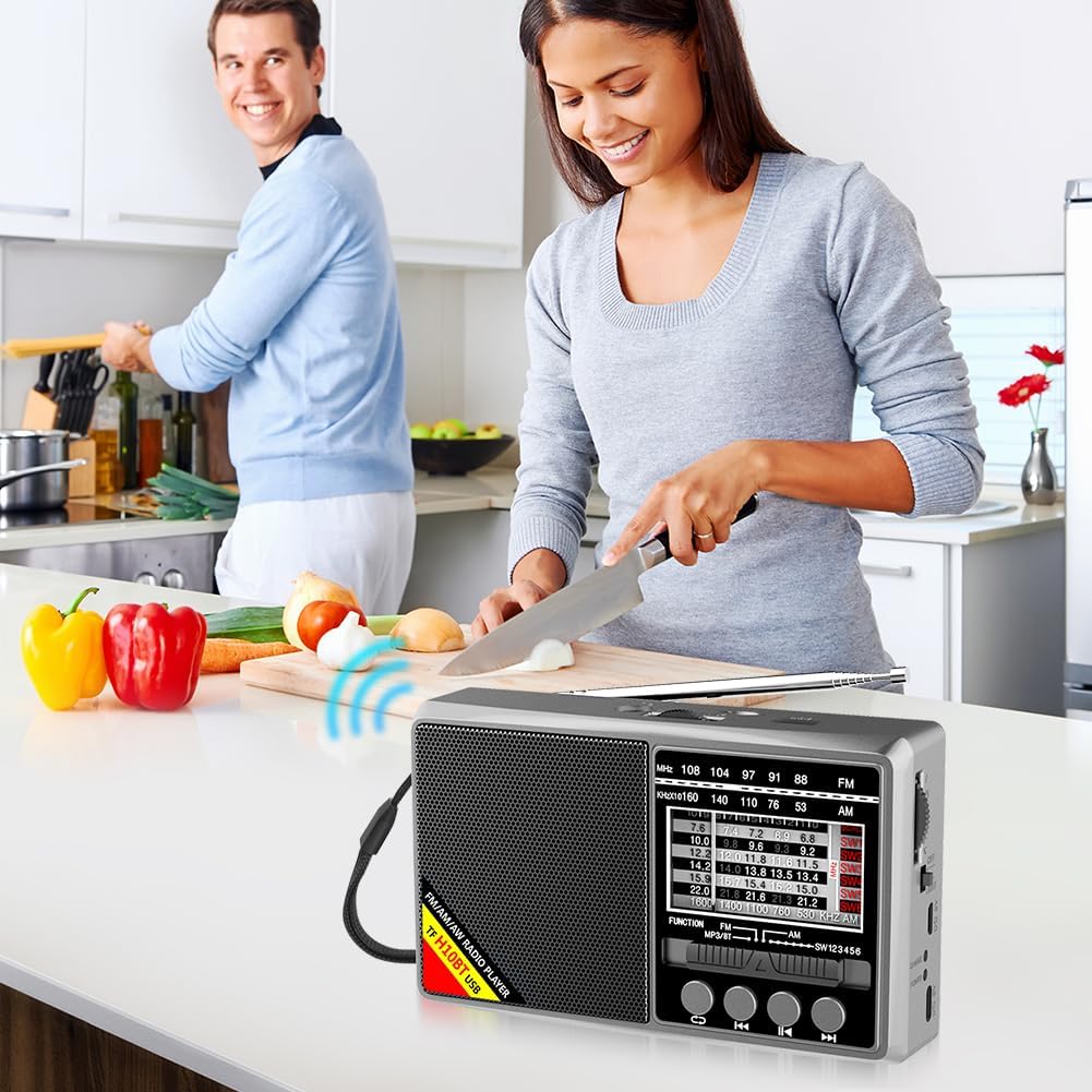 LYEAA Portable Shortwave Radio with Multi-Band Reception, Bluetooth Compatible, Battery Operated, Emergency Radio Ready H10 Gray