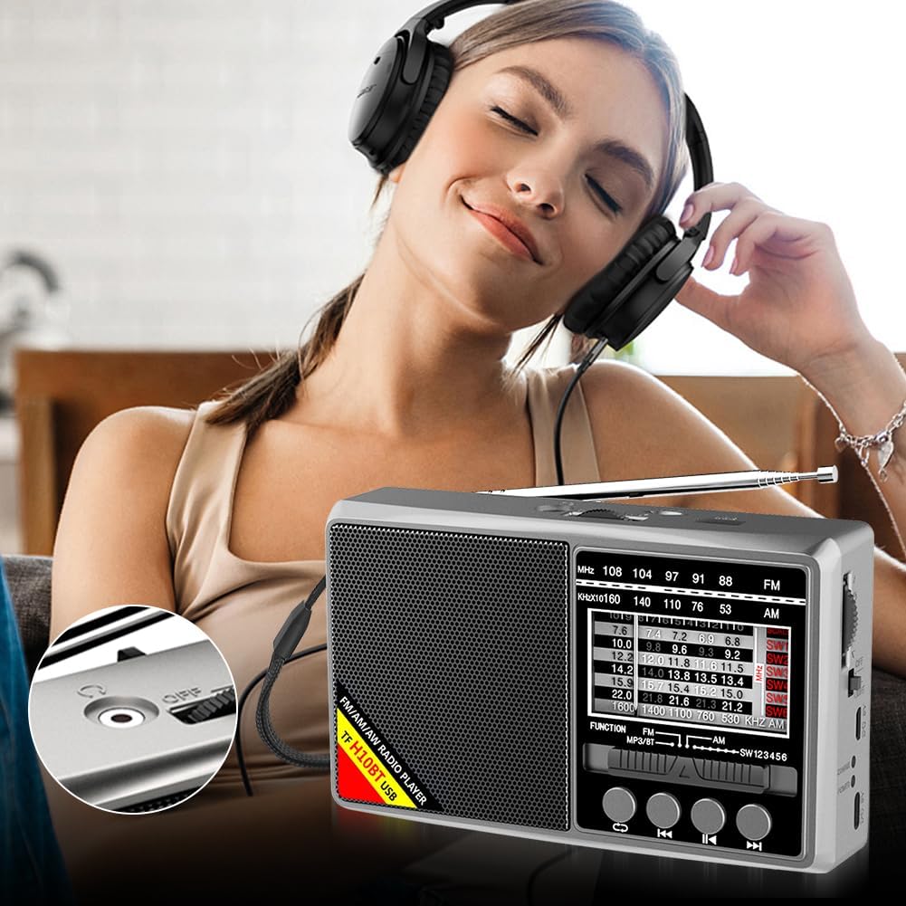 LYEAA Portable Shortwave Radio with Multi-Band Reception, Bluetooth Compatible, Battery Operated, Emergency Radio Ready H10 Gray