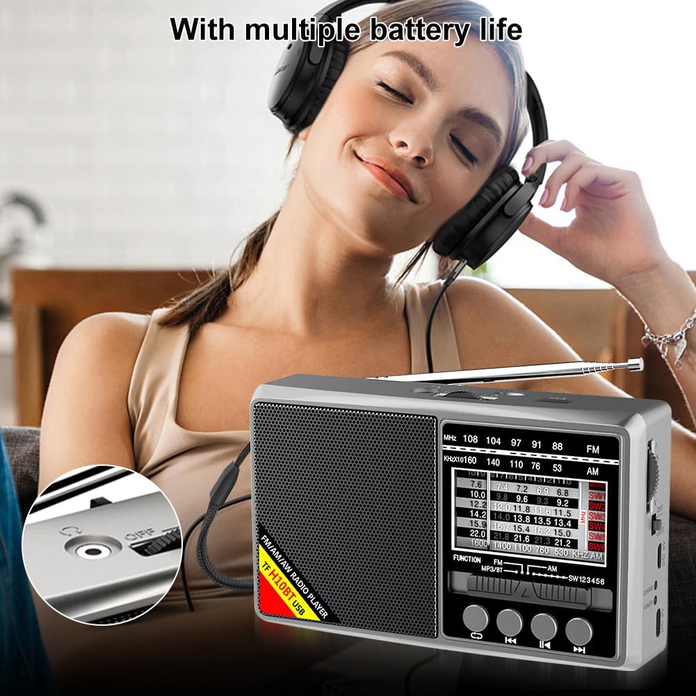 LYEAA Portable Shortwave Radio with Multi-Band Reception, Bluetooth Compatible, Battery Operated, Emergency Radio Ready H10 Gray
