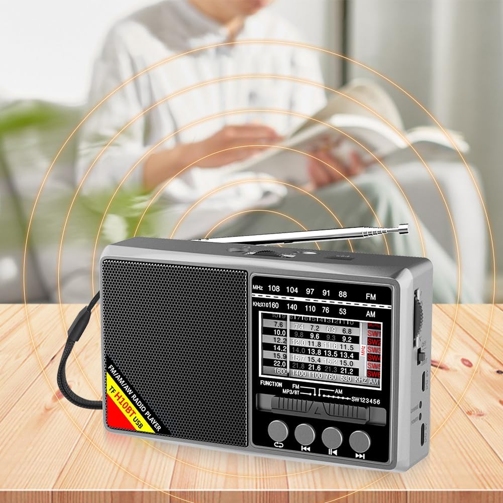 LYEAA Portable Shortwave Radio with Multi-Band Reception, Bluetooth Compatible, Battery Operated, Emergency Radio Ready H10 Gray