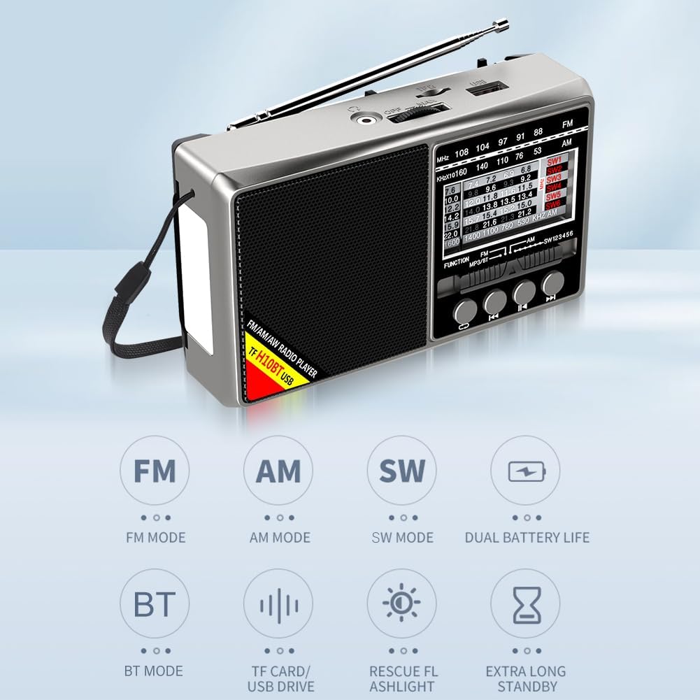 LYEAA Portable Shortwave Radio with Multi-Band Reception, Bluetooth Compatible, Battery Operated, Emergency Radio Ready H10 Gray