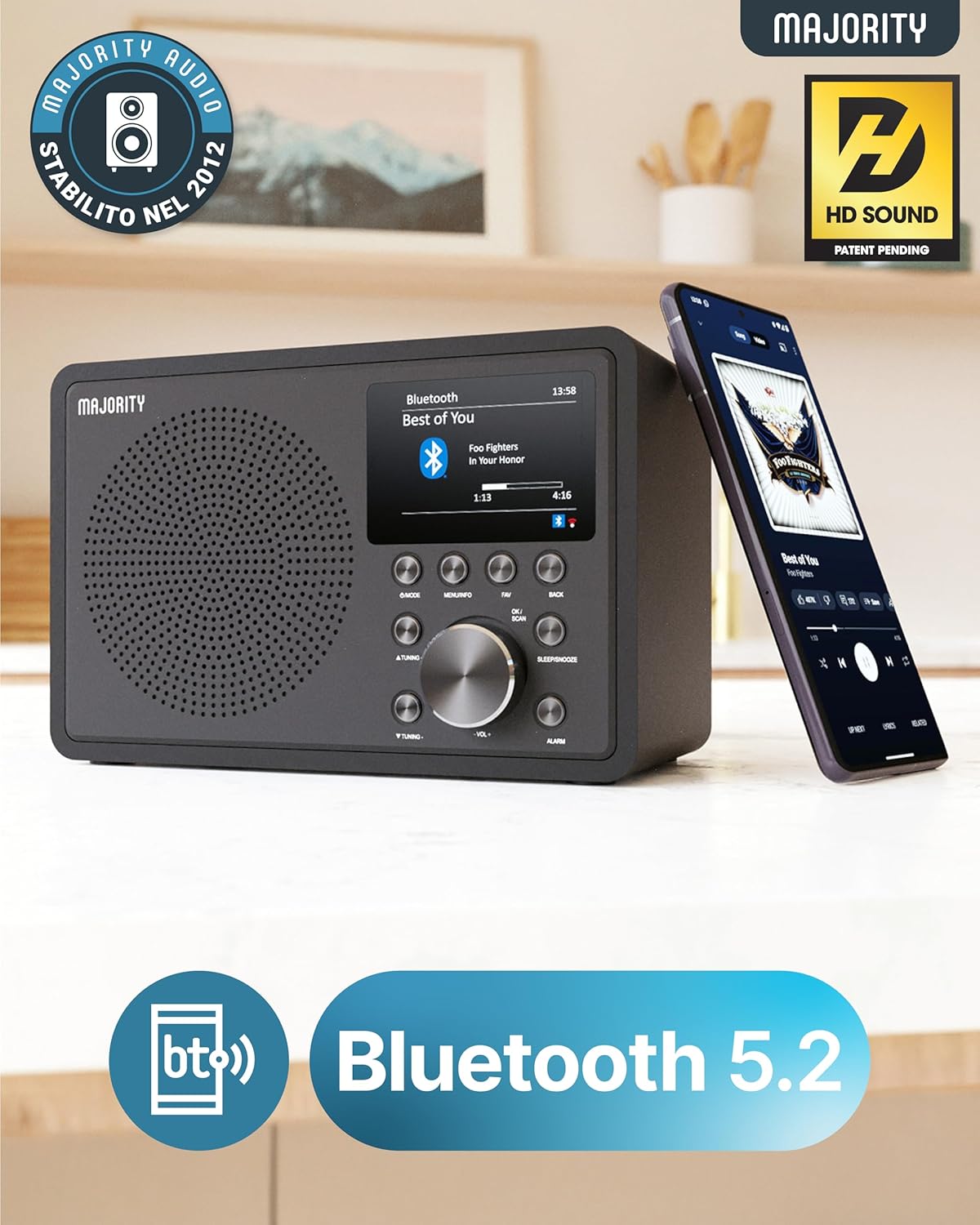 Majority Internet Radio WiFi Touro DAB+ FM Digital | Bluetooth, USB, Oktiv App, Spotify Connect | Double Alarm Clock, LCD Display | Kitchen and Home Radio with Stereo Audio