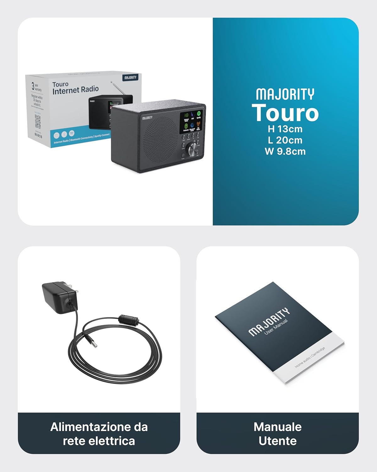 Majority Internet Radio WiFi Touro DAB+ FM Digital | Bluetooth, USB, Oktiv App, Spotify Connect | Double Alarm Clock, LCD Display | Kitchen and Home Radio with Stereo Audio