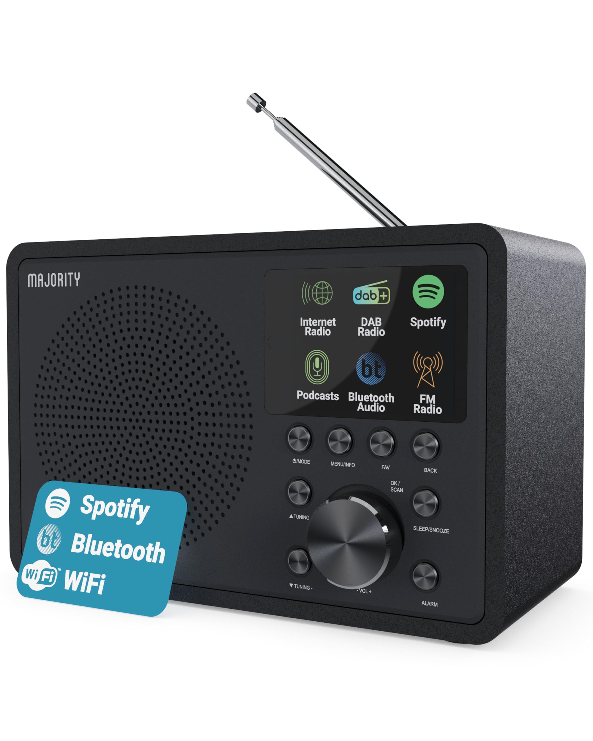Majority Internet Radio WiFi Touro DAB+ FM Digital | Bluetooth, USB, Oktiv App, Spotify Connect | Double Alarm Clock, LCD Display | Kitchen and Home Radio with Stereo Audio
