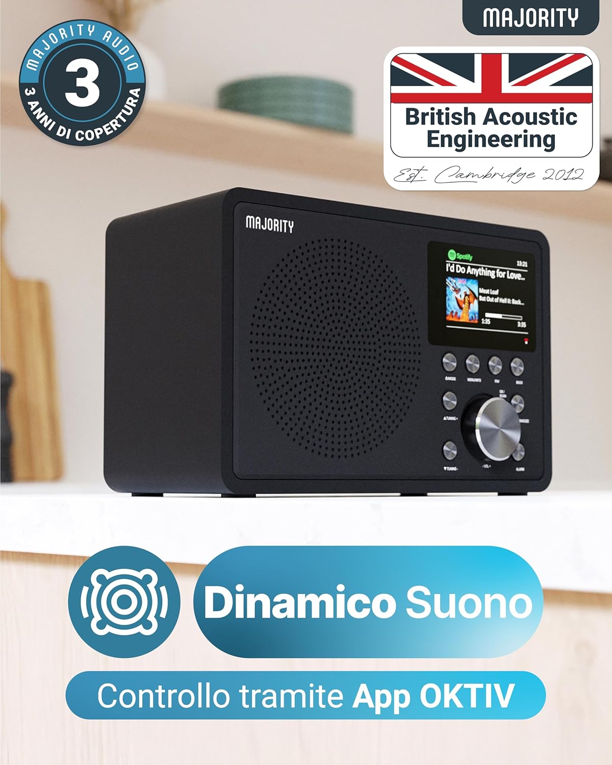 Majority Internet Radio WiFi Touro DAB+ FM Digital | Bluetooth, USB, Oktiv App, Spotify Connect | Double Alarm Clock, LCD Display | Kitchen and Home Radio with Stereo Audio