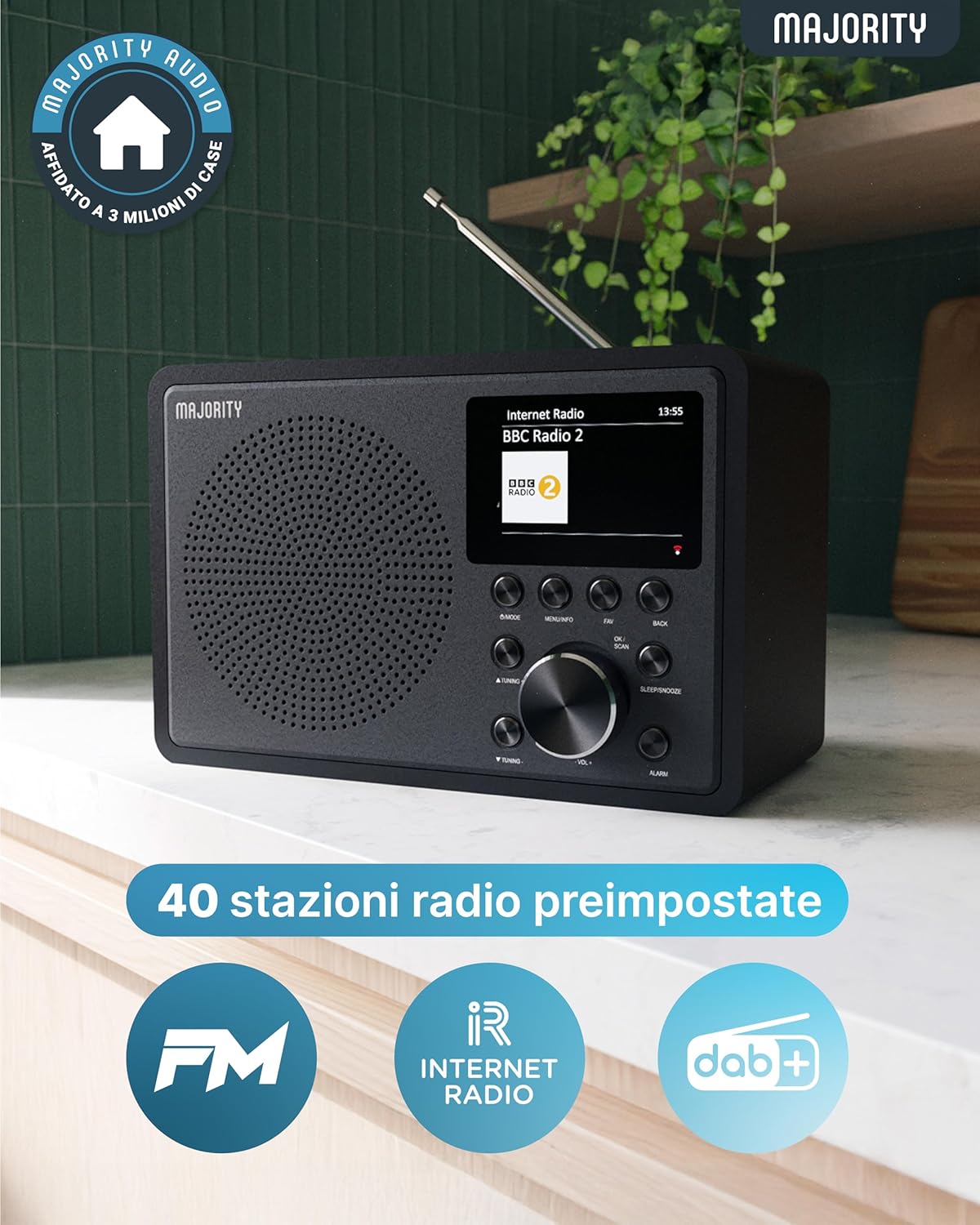 Majority Internet Radio WiFi Touro DAB+ FM Digital | Bluetooth, USB, Oktiv App, Spotify Connect | Double Alarm Clock, LCD Display | Kitchen and Home Radio with Stereo Audio