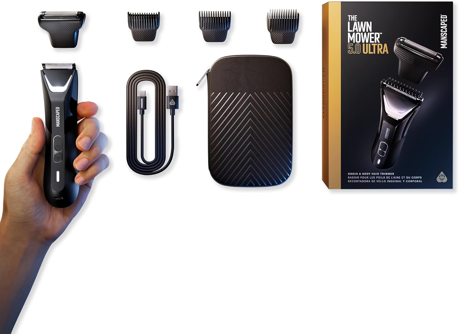 MANSCAPED® The Lawn Mower® 5.0 ULTRA Body and Bikini Hair Trimmer – SkinSafe® Dual Head Trimmer and Foil Blades, Waterproof, USB-C Rechargeable with Tuxedo Black Travel Case