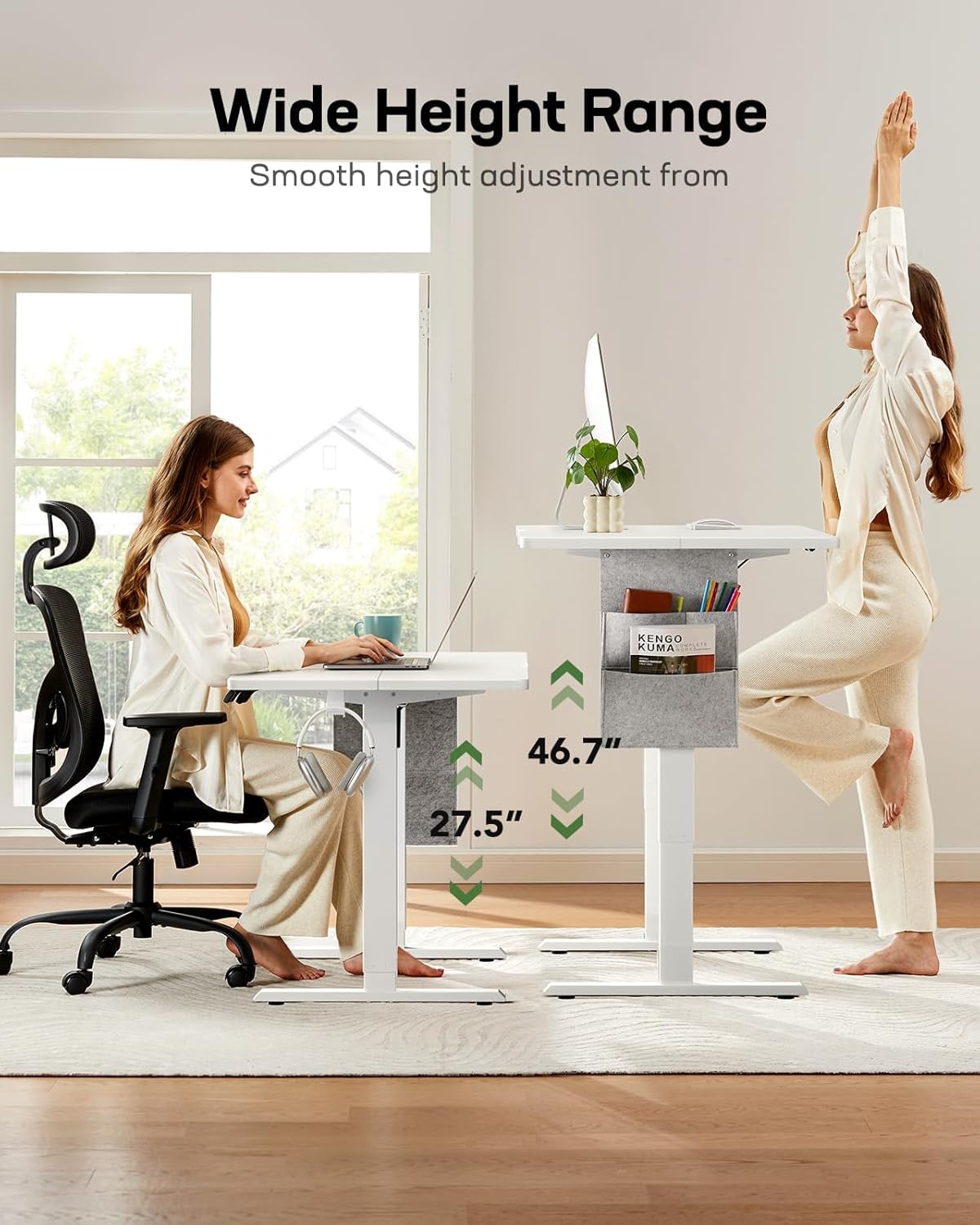 Marsail 55x28 Electric Standing Desk - Adjustable Height Computer Desk with Memory Presets, Storage Bag & Cable Management for Home Office & Gaming Workstations White 55x28"
