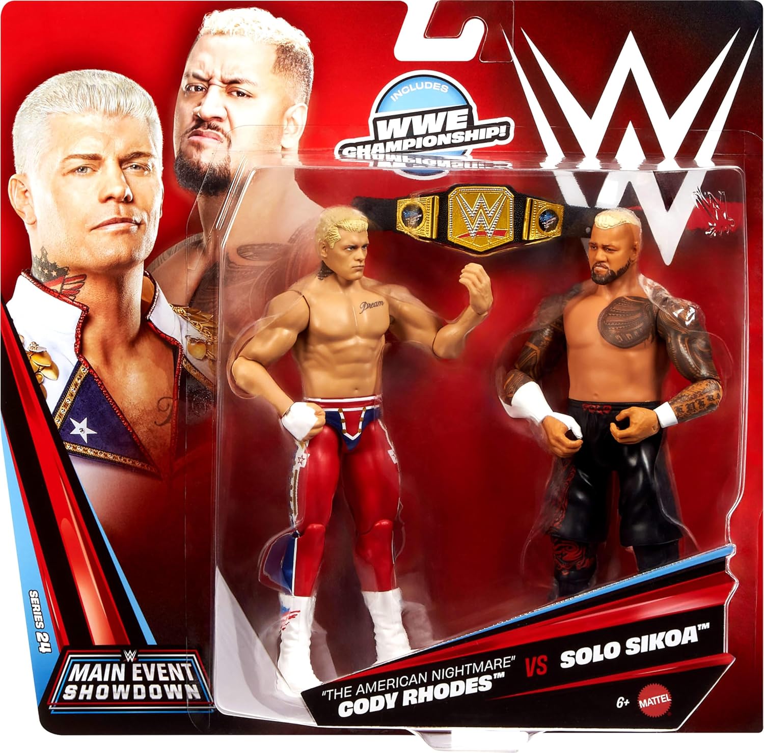 Mattel WWE Main Event - The American Nightmare Cody Rhodes vs Solo Sikoa Series 24, collectible Showdown set with 2 articulated figures and accessories included, 6+ years, JHJ54