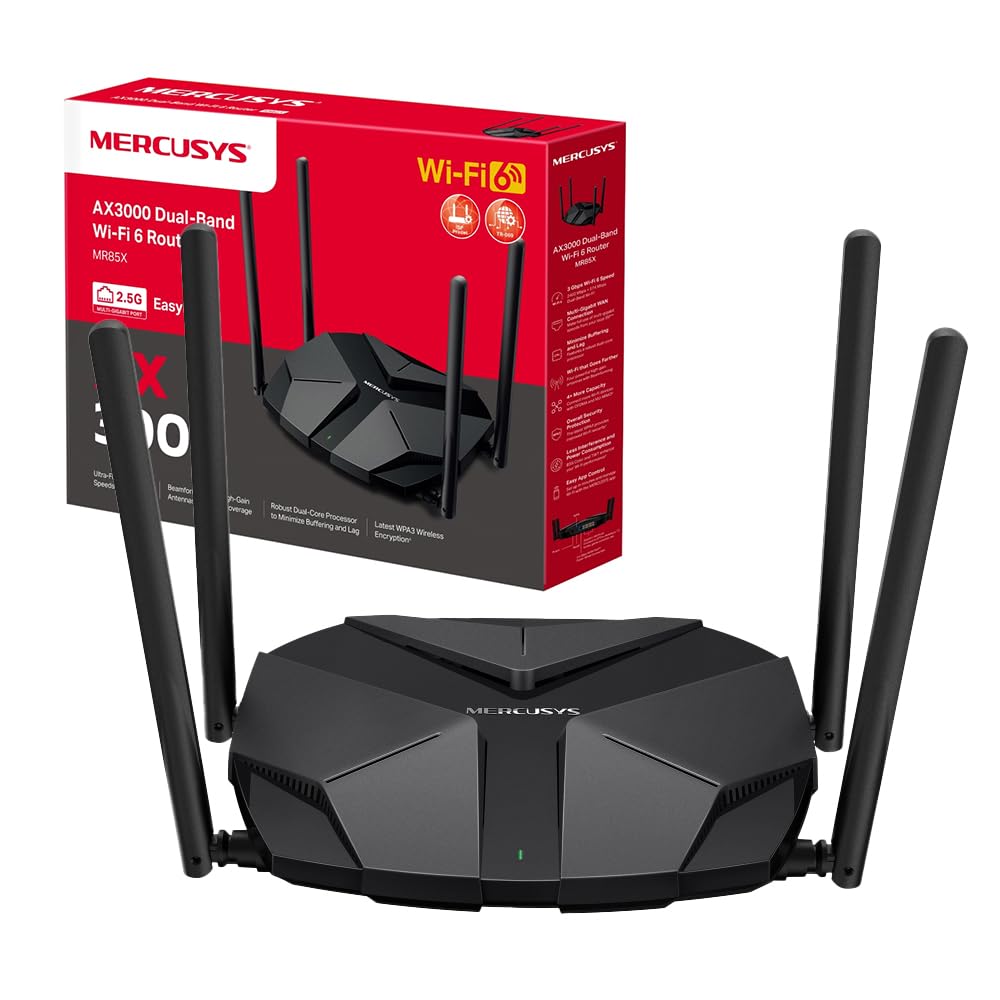 Mercusys TP-Link MR85X WiFi Router 6 AX3000Mbps Dual-Band, 2.5 Gbps WAN Port, 3 Gigabit LAN Ports, 4 Fixed Omnidirectional Antennas, WPA3, Access Point Mode, APP Control, Does Not Support xDSL AX3000 2.5 G