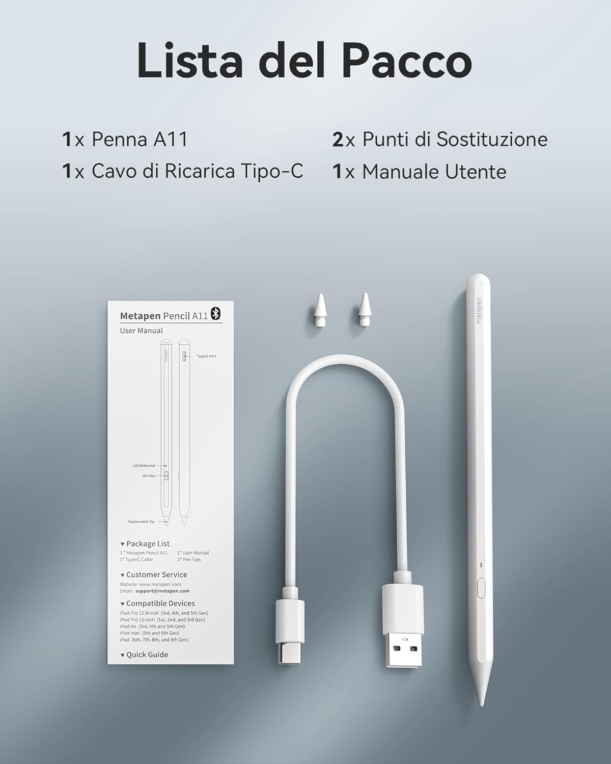 Metapen A11 Pen for Apple iPad 2018-2025, Pencil for iPad Compatible with iPad 11 A16/10/9/8/7, Air 5/4/3/M2/M3, Pro 12.9/11/13''M4, Mini 5/6, 2X Fast Charging & 0.1 mm Pixel Accuracy, Palm Rejection