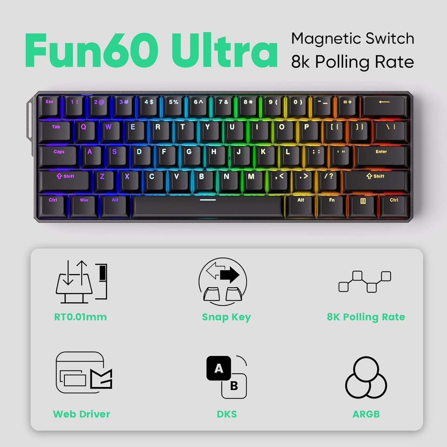 MONSGEEK FUN60 Ultra MagMech Wired Keyboard - Black CNC Aluminum (MagMech) Brilliant Black