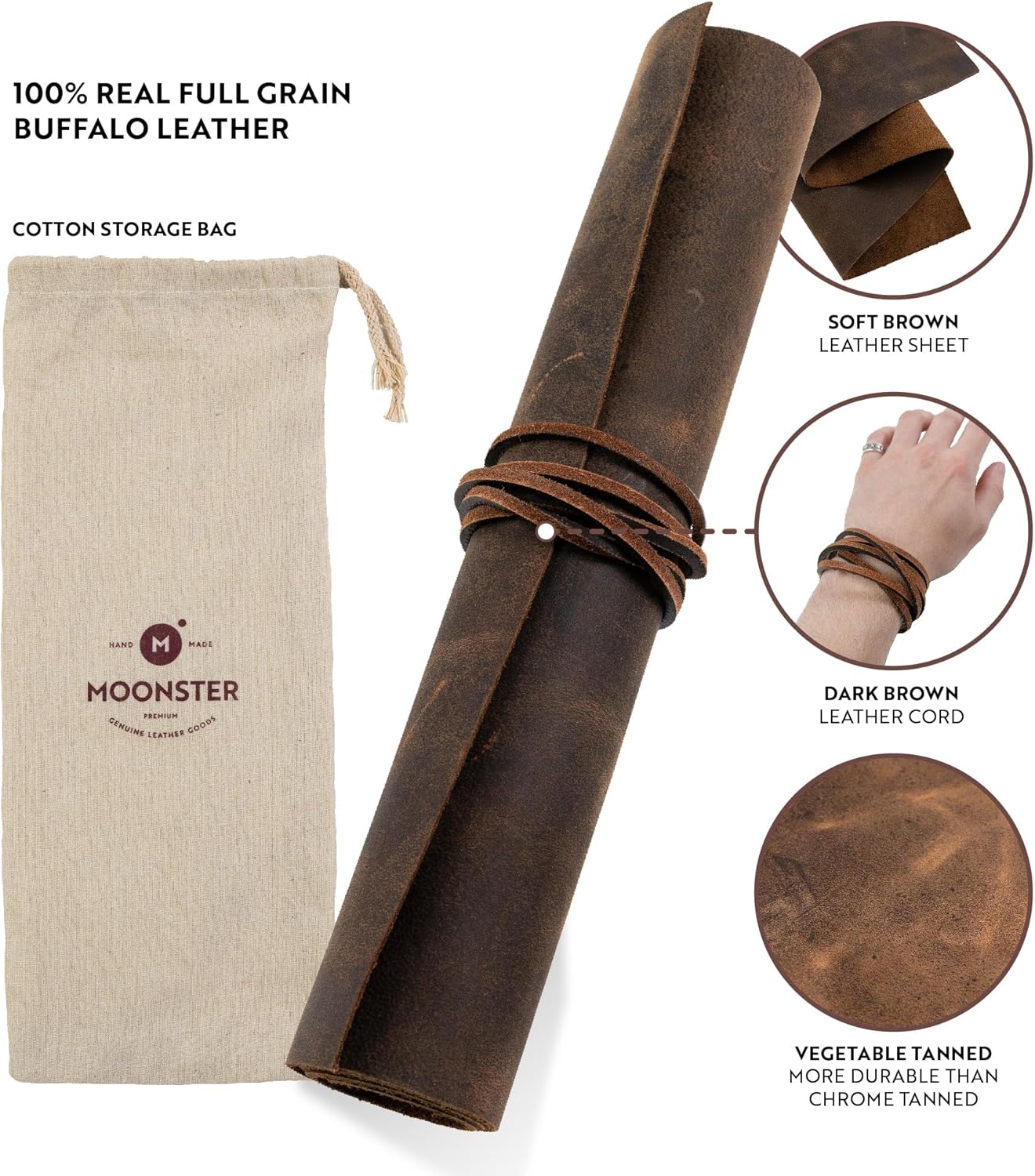 MOONSTER® Genuine Buffalo Leather Scraps for Crafts - for Earrings, Wallets and DIY - Full Grain - for Creative Hobbies - Light Brown (1 Sheet + Leather Cord) Pale Brown 24x12 inches