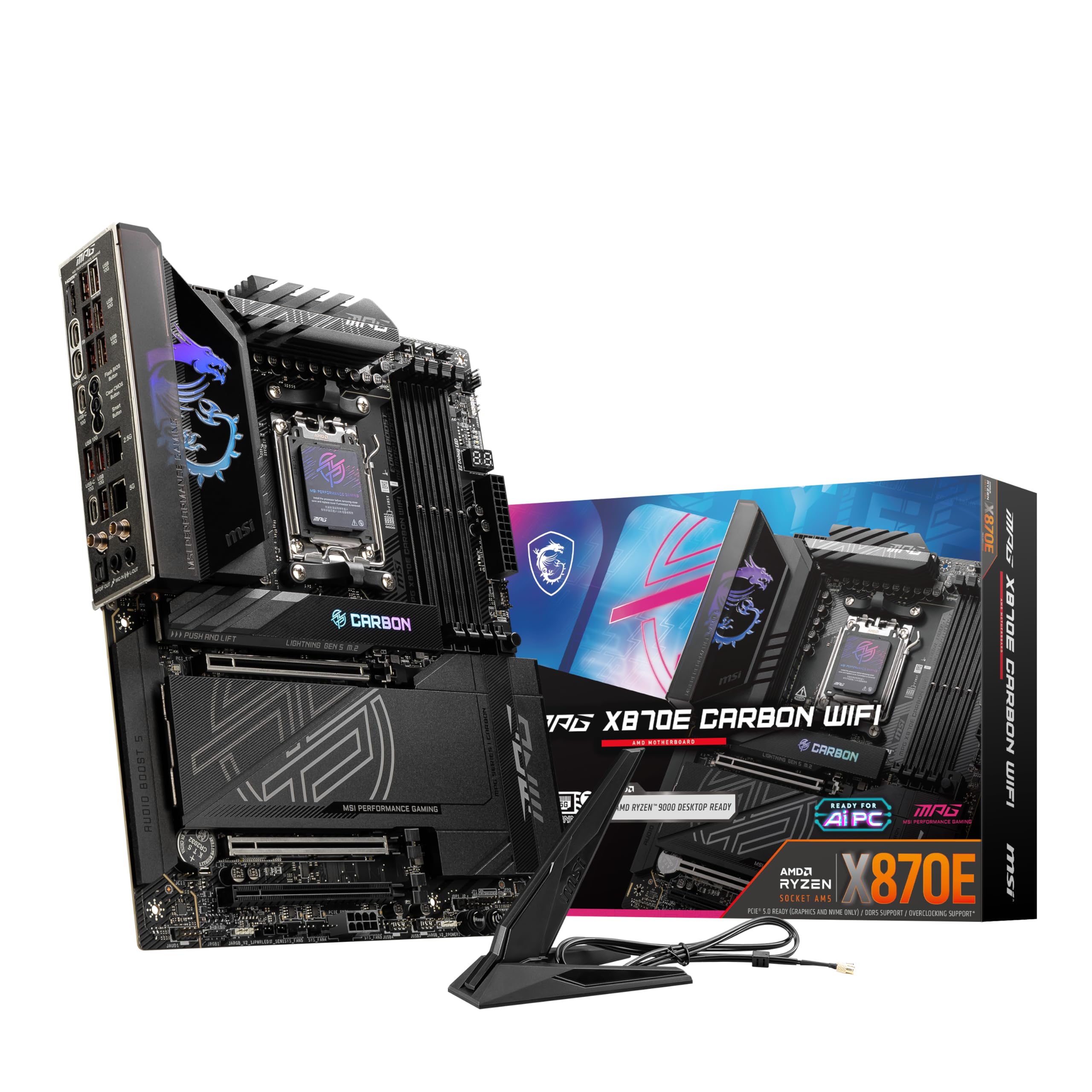 MSI MPG X870E Carbon WiFi Gaming Motherboard (AMD Ryzen 9000/8000/7000 Series Processors, AM5, DDR5, PCIe 5.0, M.2 Gen5, SATA 6Gb/s, USB 40Gbps, HDMI, Wi-Fi 7, Bluetooth 5.4, 5Gbps LAN, ATX)