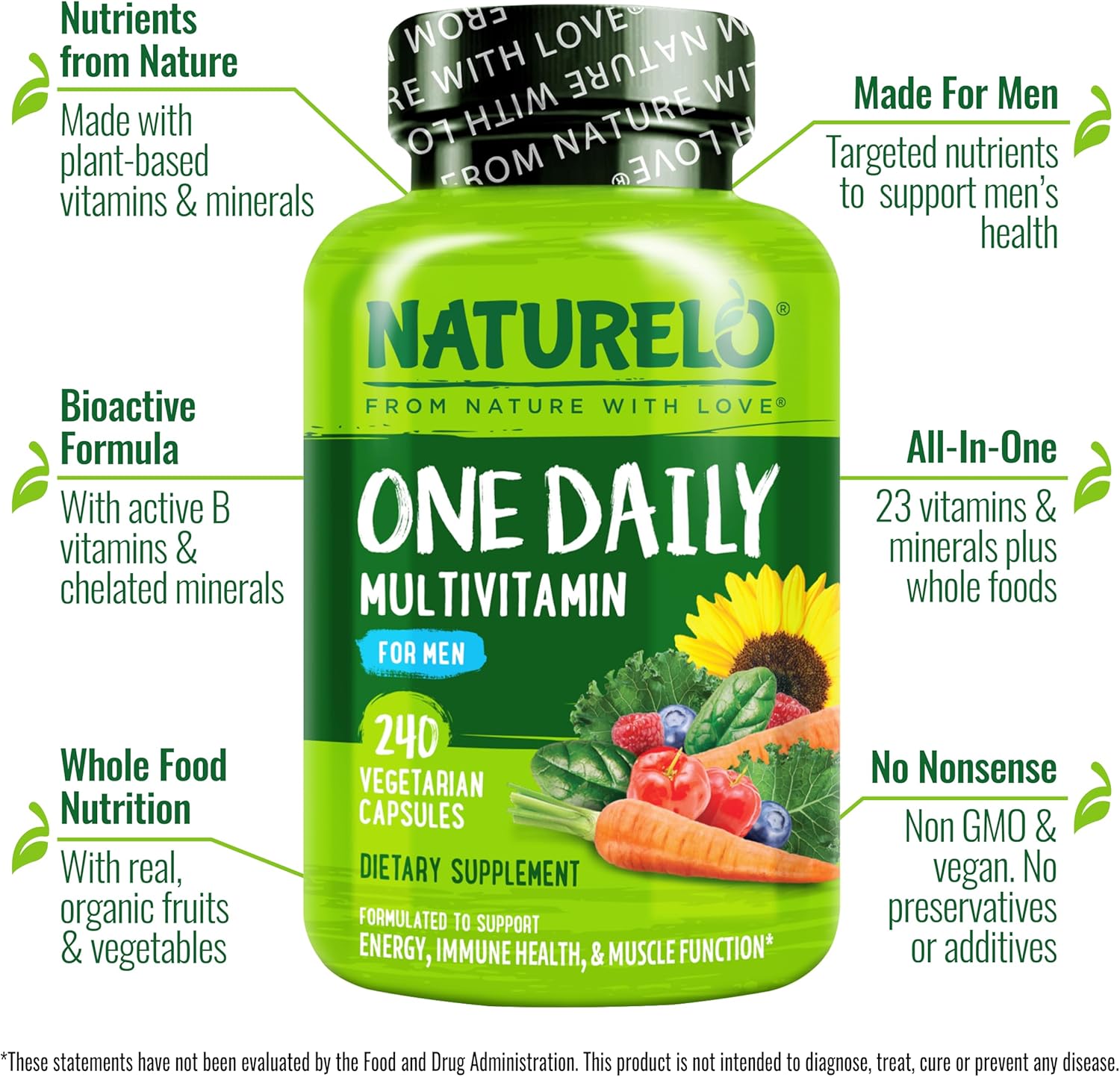 NATURELO Mens Multivitamins - One Daily Multivitamin for Men with Vitamins, Minerals & Organic Whole Foods, Boost Energy & Health, Non-GMO, 240 Vegetarian Capsules 240 Count (Pack of 1)