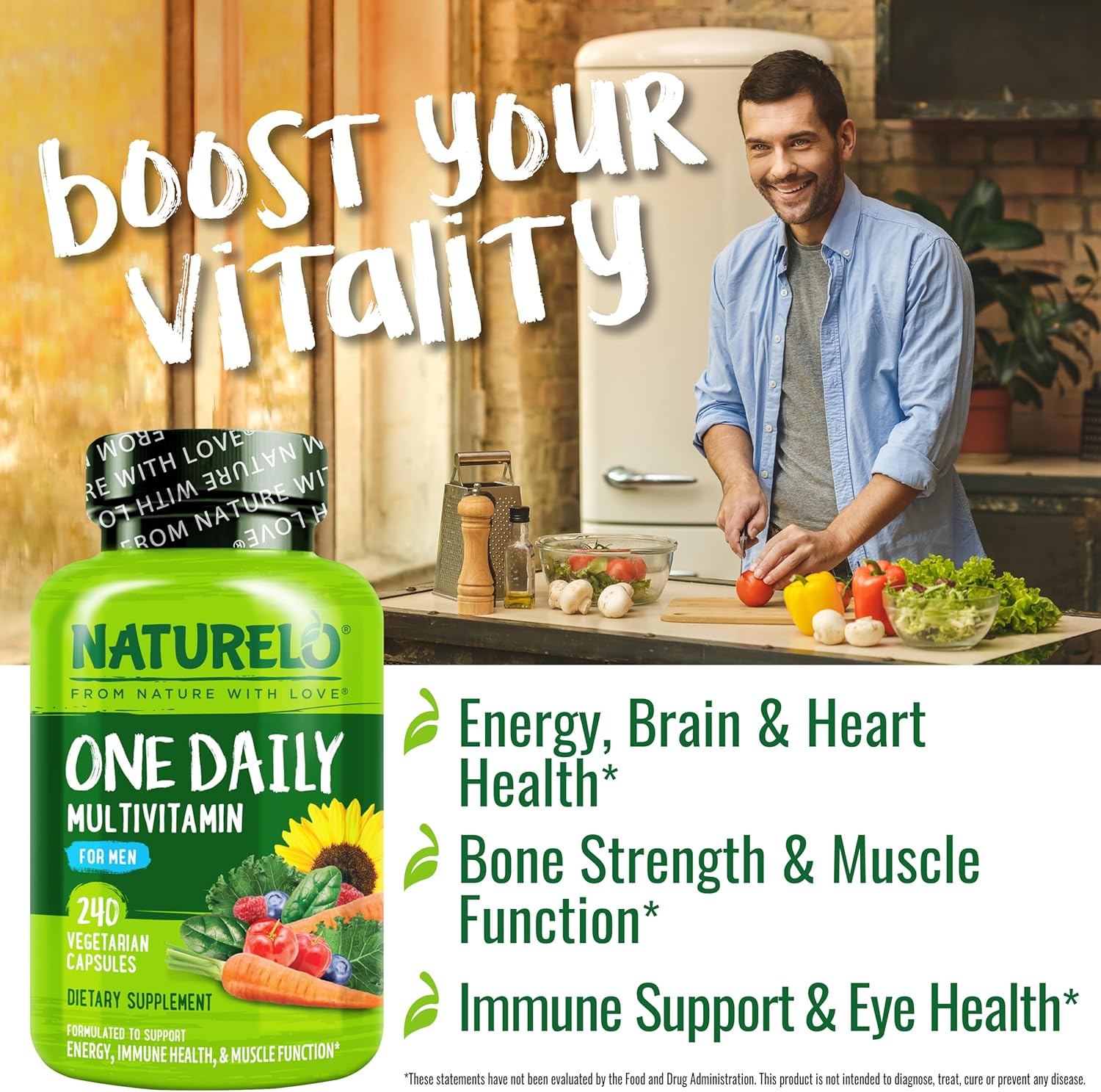 NATURELO Mens Multivitamins - One Daily Multivitamin for Men with Vitamins, Minerals & Organic Whole Foods, Boost Energy & Health, Non-GMO, 240 Vegetarian Capsules 240 Count (Pack of 1)