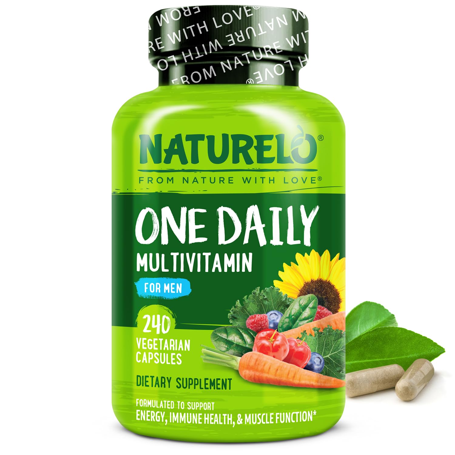 NATURELO Mens Multivitamins - One Daily Multivitamin for Men with Vitamins, Minerals & Organic Whole Foods, Boost Energy & Health, Non-GMO, 240 Vegetarian Capsules 240 Count (Pack of 1)